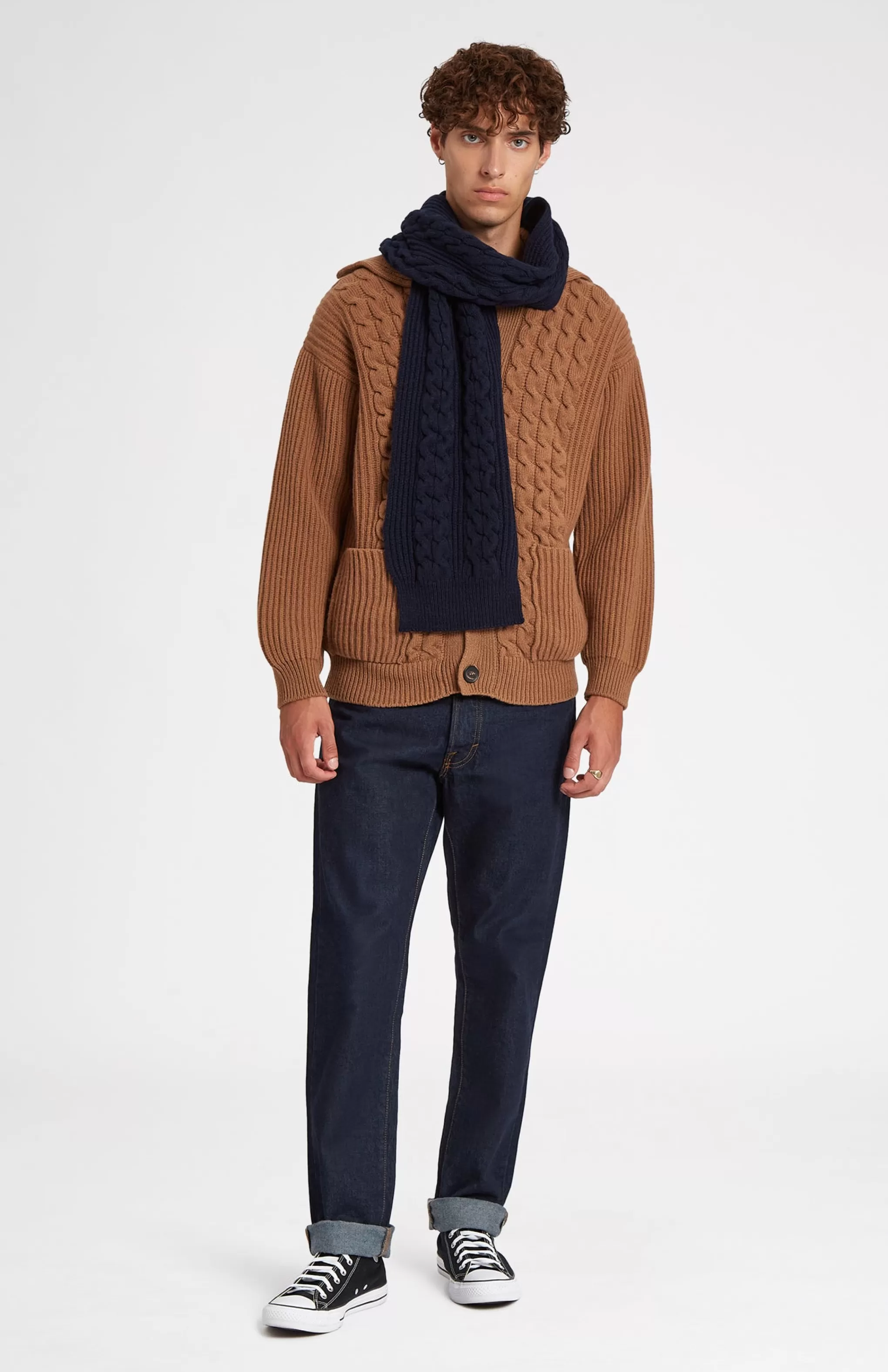 Outlet All Over Rib And Cable Scarf Detail In Navy Men Scarves