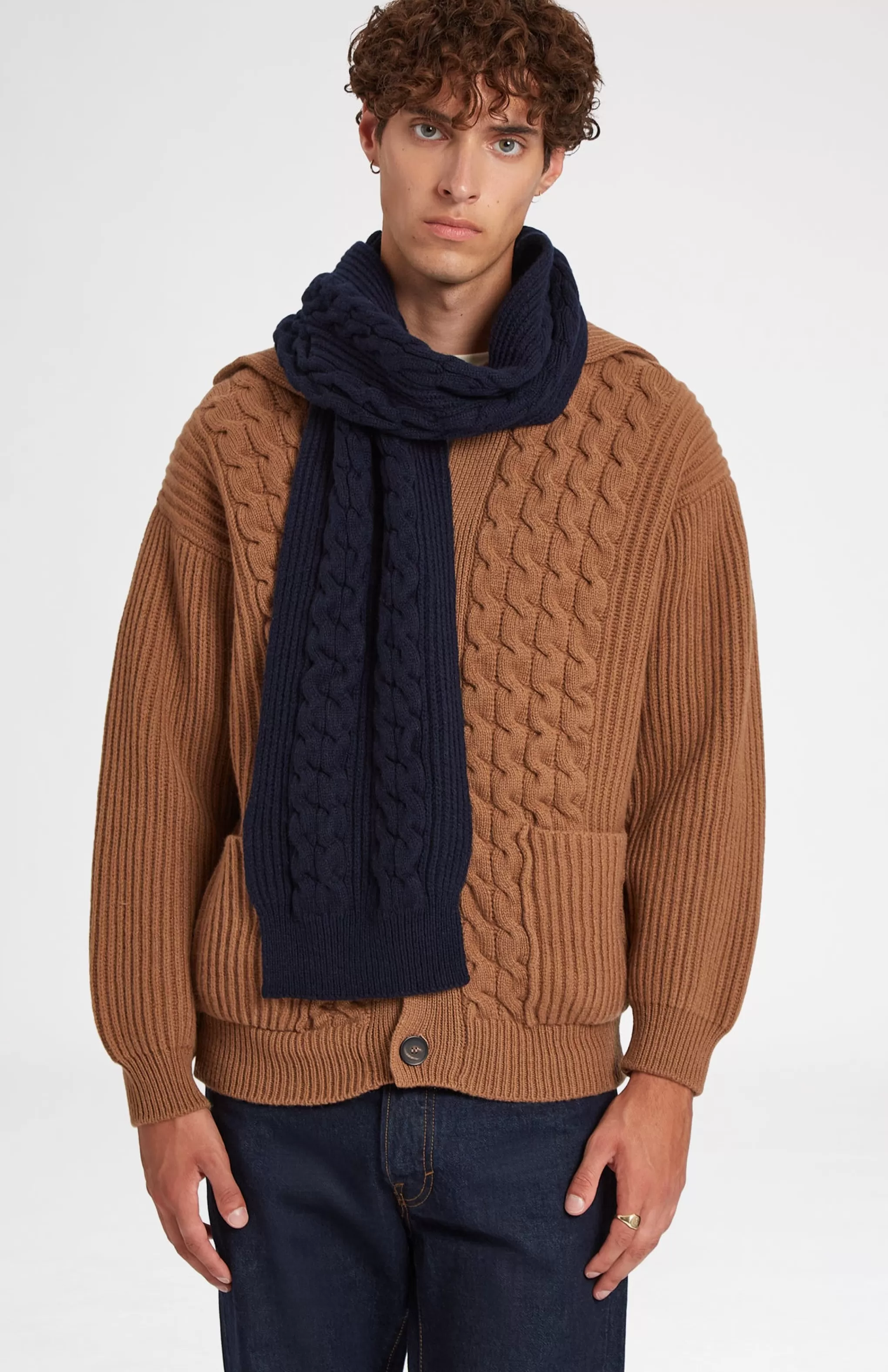 Hot All Over Rib And Cable Scarf Detail In Navy Men Made in Scotland