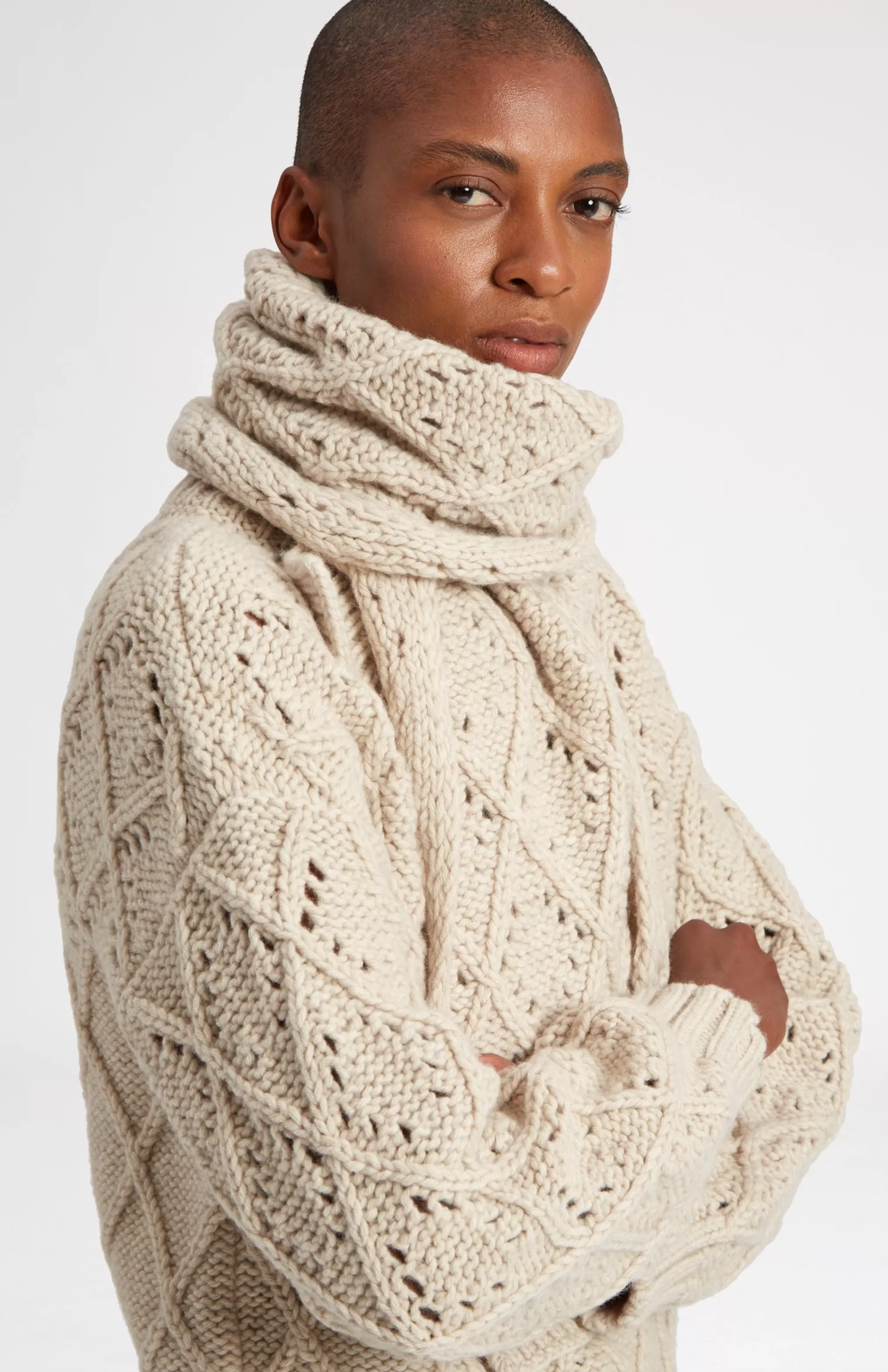 Online Allover Diamond Eyelet Stitch Scarf In Light Oatmeal Men/Women Argyle