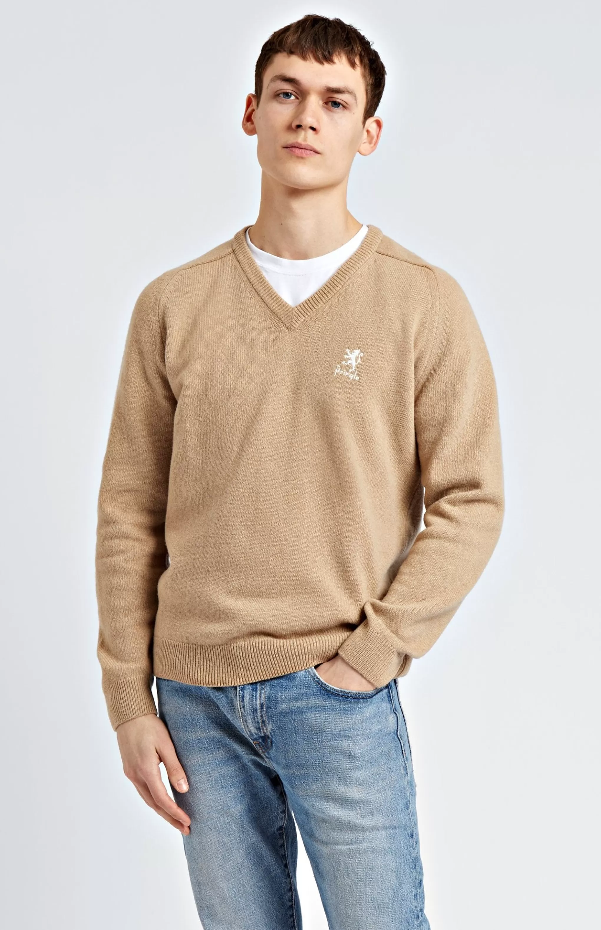 Outlet Archive Men's V Neck Lambswool Blend Jumper In Camel Men Medium Weight Knits