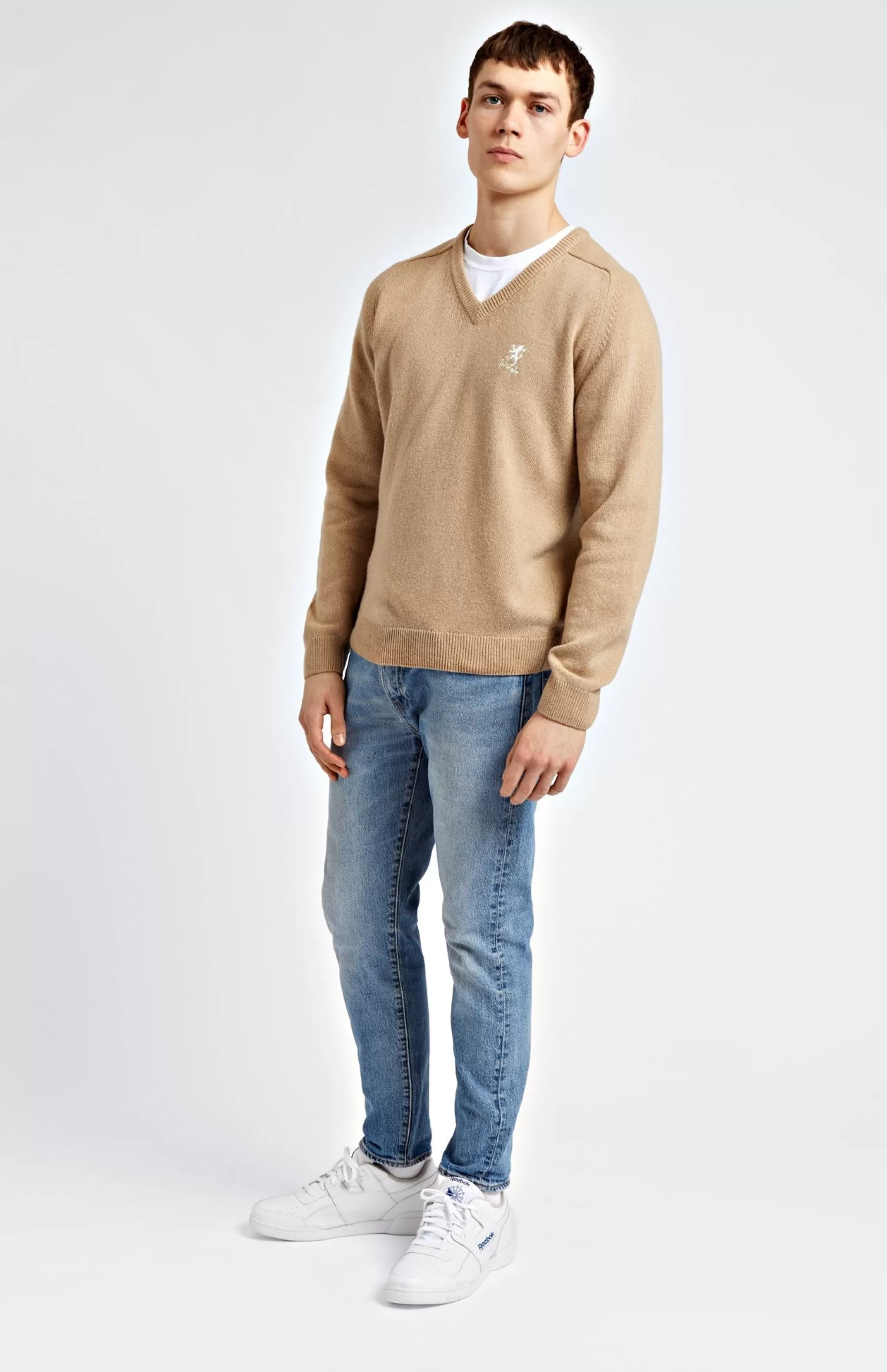 Sale Archive Men's V Neck Lambswool Blend Jumper In Camel Men Lambswool