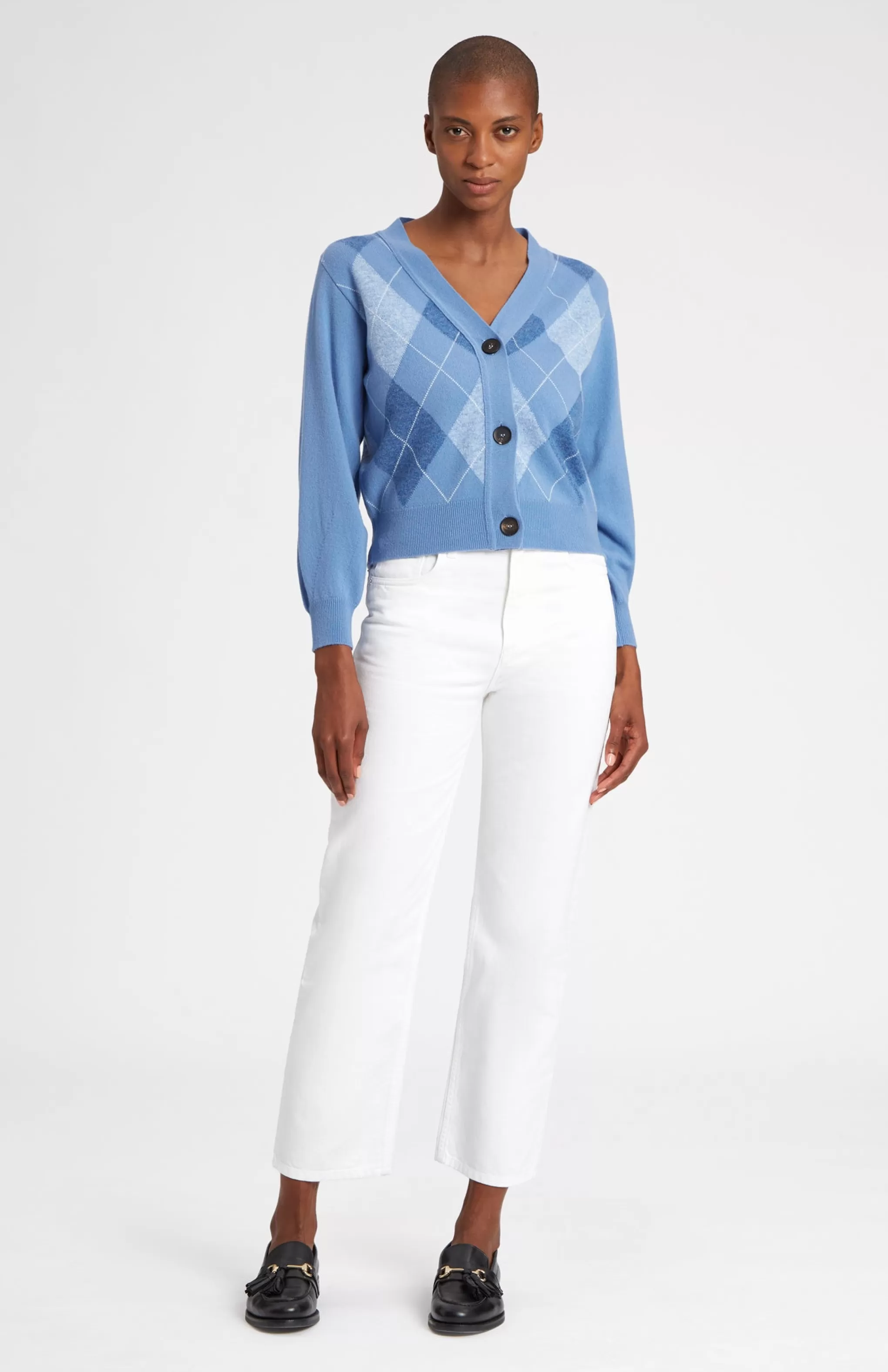 Store Argyle 3 Button Wool Cashmere Blend Cardigan In Bluestone And Sky Men/Women Lambswool