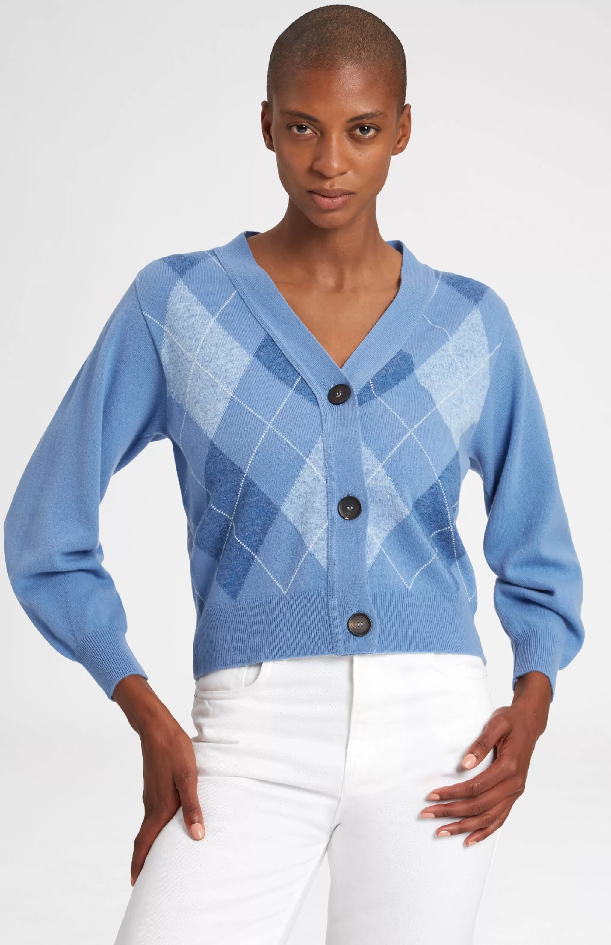 Sale Argyle 3 Button Wool Cashmere Blend Cardigan In Bluestone And Sky Men/Women Loungewear