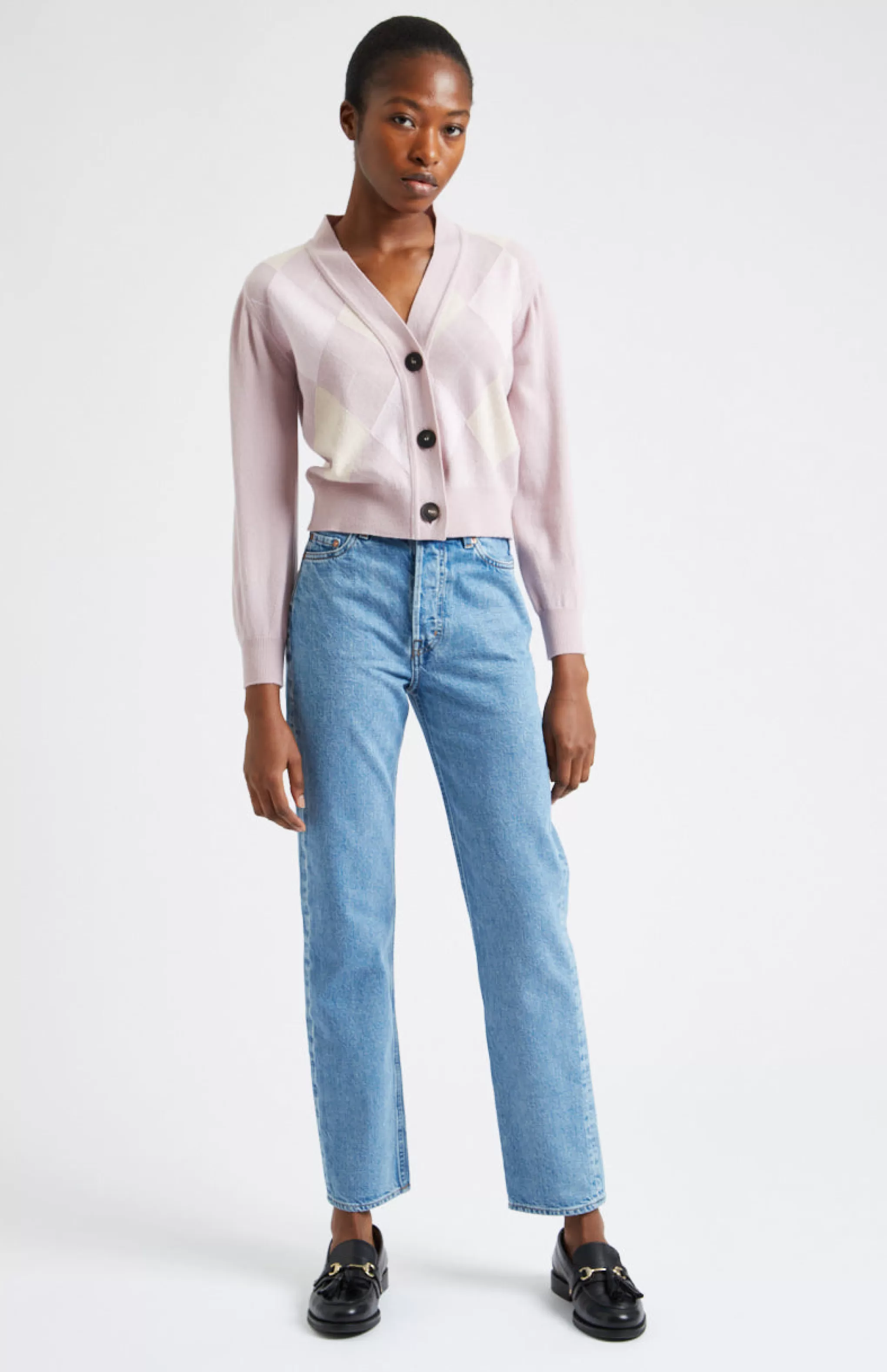 Best Argyle 3 Button Wool Cashmere Blend Cardigan In Petal Pink And Rose Men/Women V Neck Knits