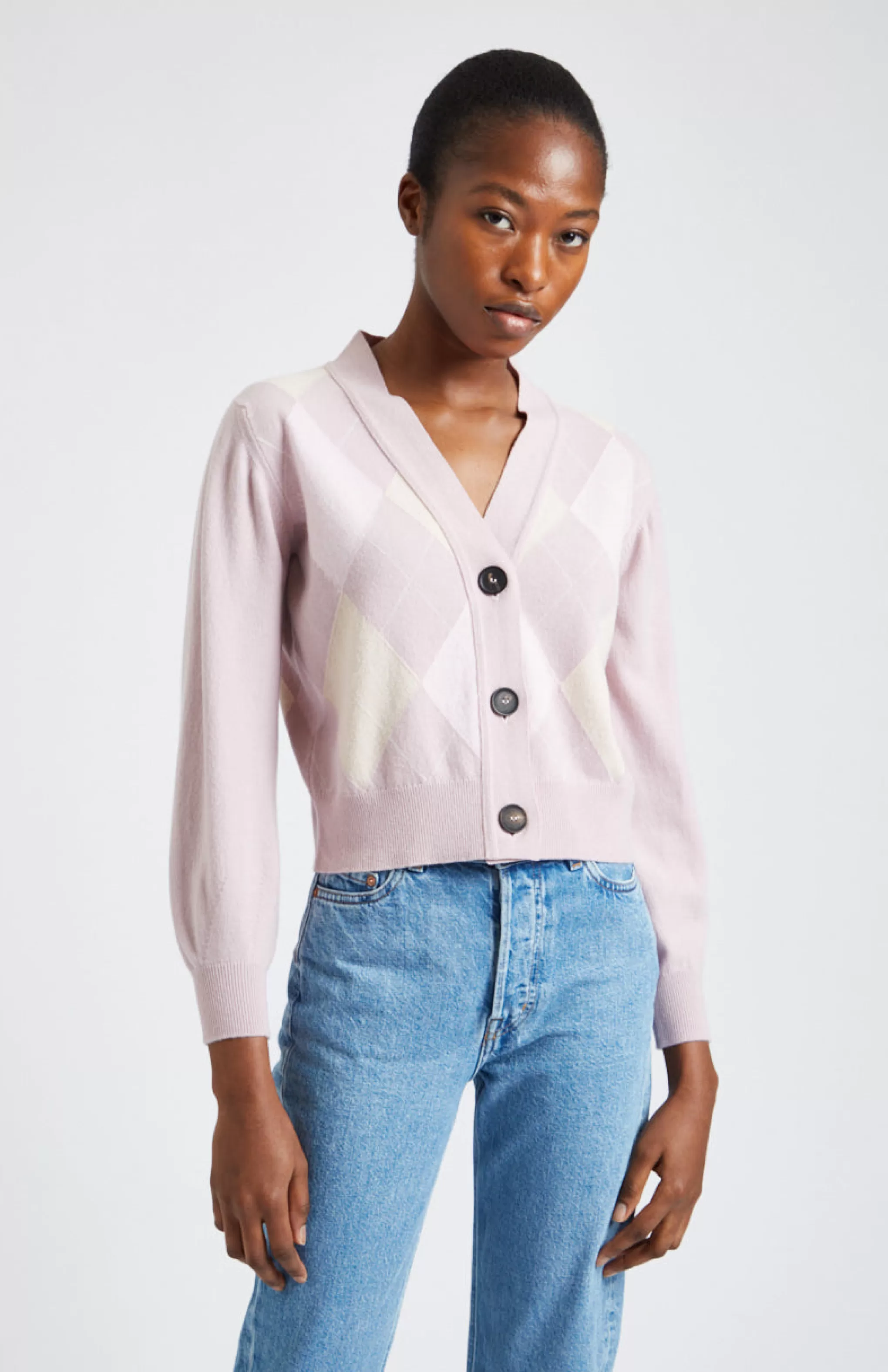 Best Argyle 3 Button Wool Cashmere Blend Cardigan In Petal Pink And Rose Men/Women V Neck Knits