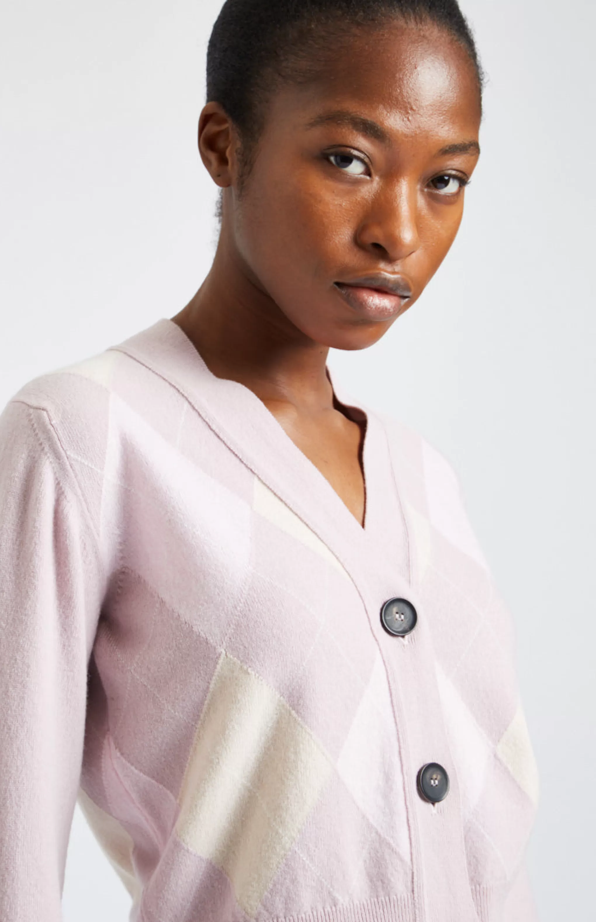 Best Argyle 3 Button Wool Cashmere Blend Cardigan In Petal Pink And Rose Men/Women Loungewear
