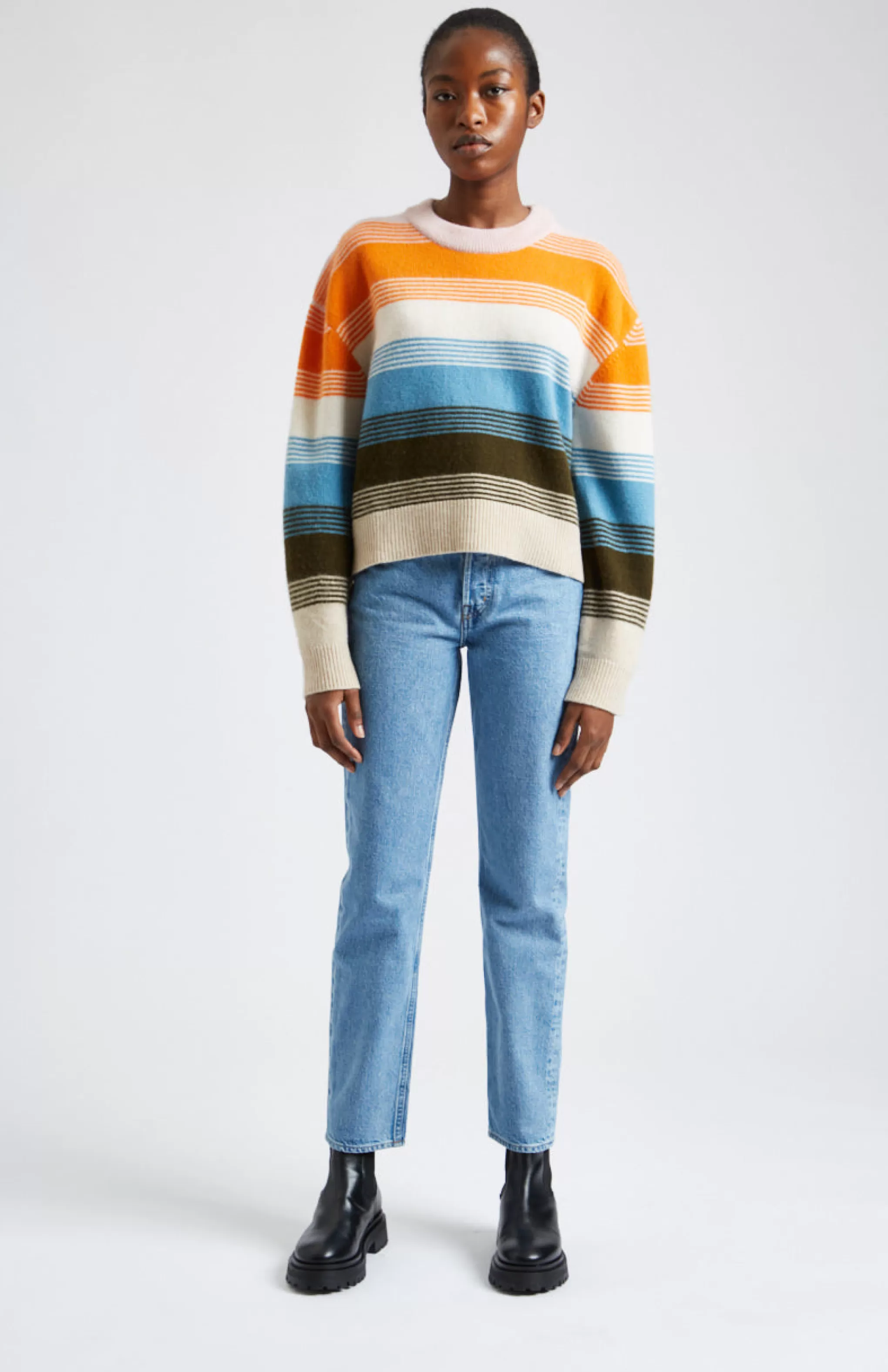 Shop Brushed Lambswool Jumper With Allover Stripe In Powder Pink Men/Women Round Neck Knits