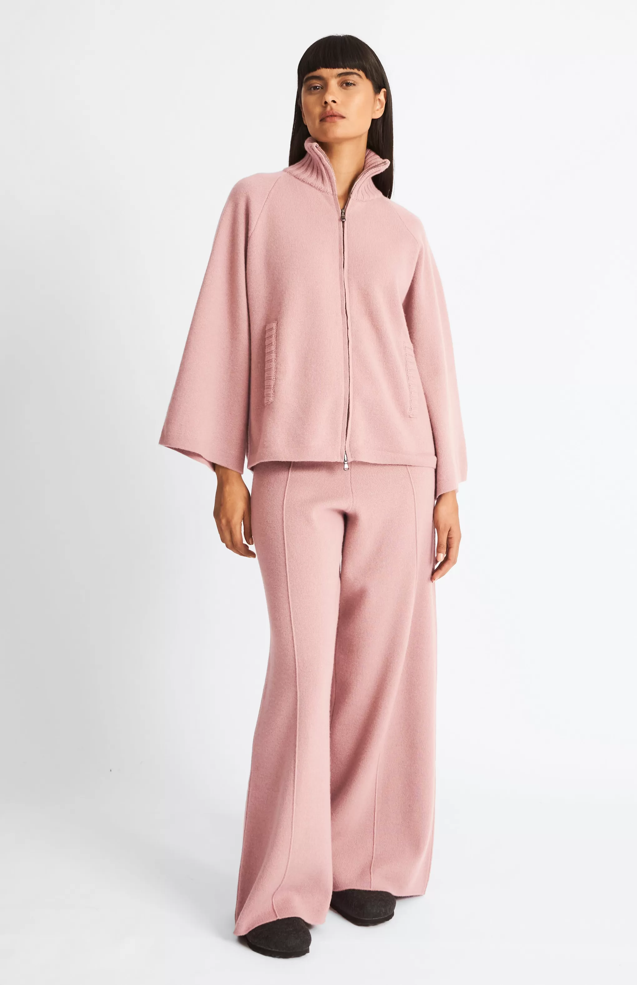 Shop Cashmere Blend High Neck Zip Thru Jacket In Dusty Pink Men/Women High Neck Knits