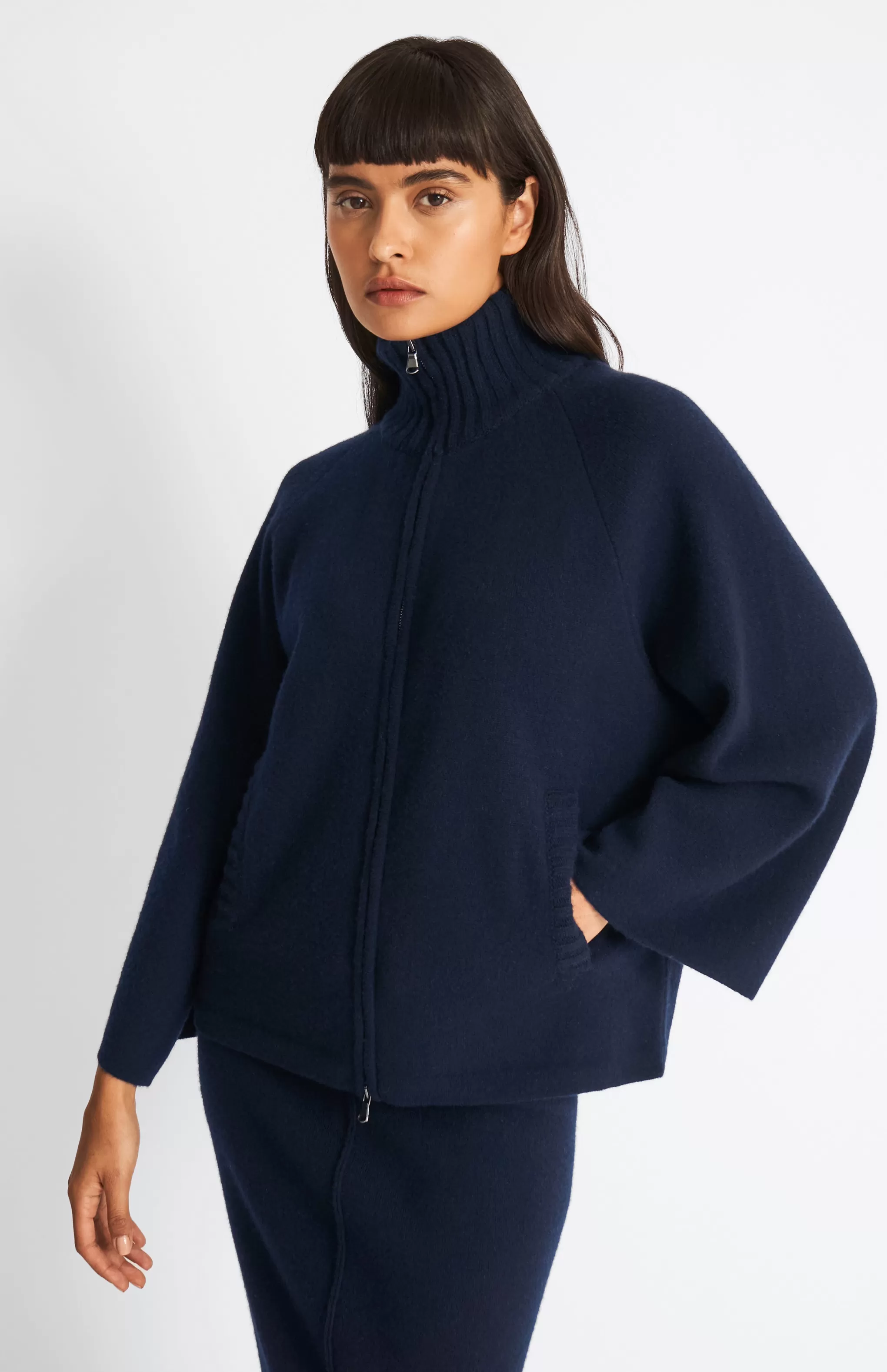 Best Sale Cashmere Blend High Neck Zip Thru Jacket In Indigo Men/Women High Neck Knits