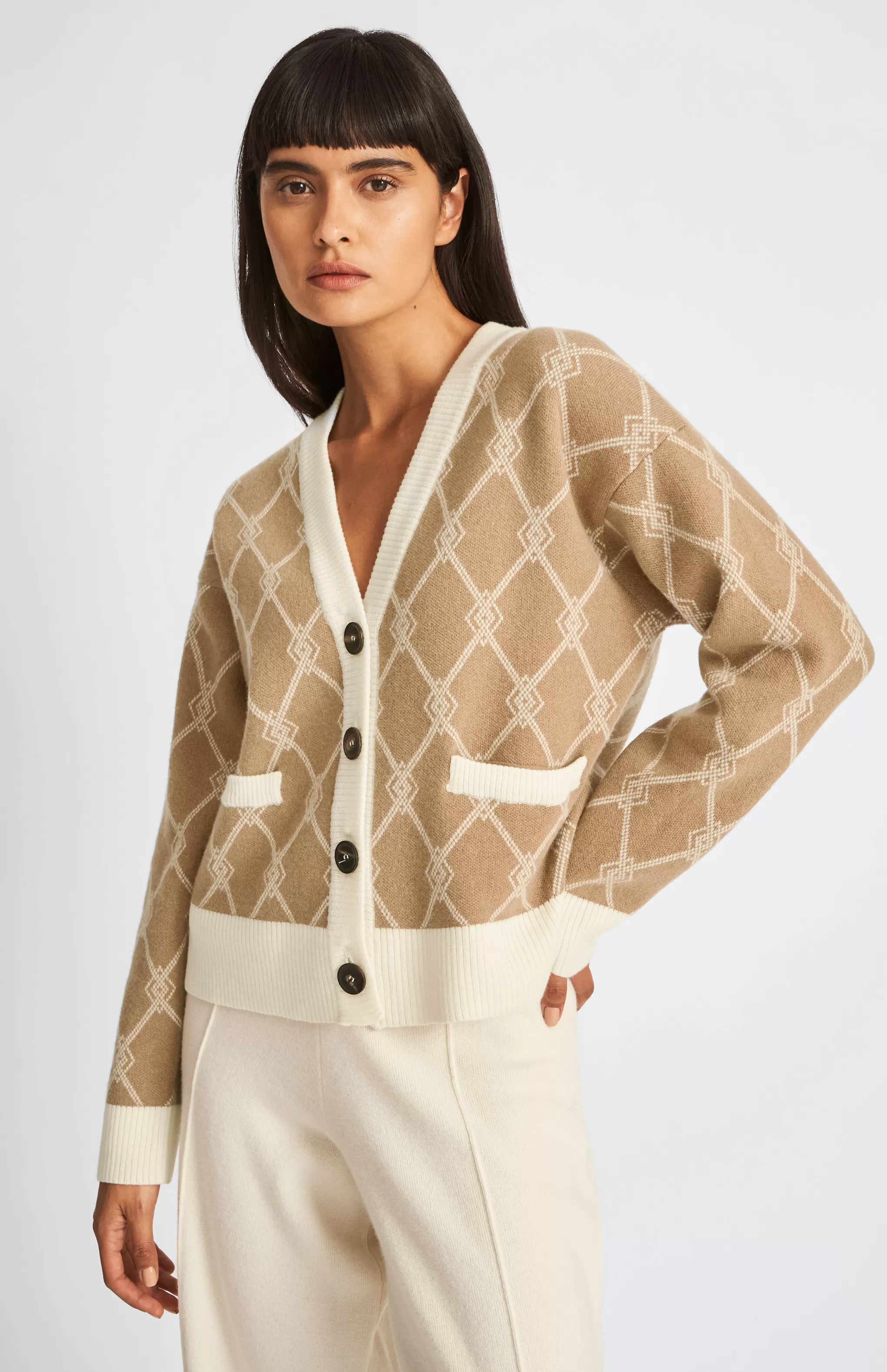 Clearance Cashmere Blend Monogram Cardigan In Camel / Cream Men/Women V Neck Knits