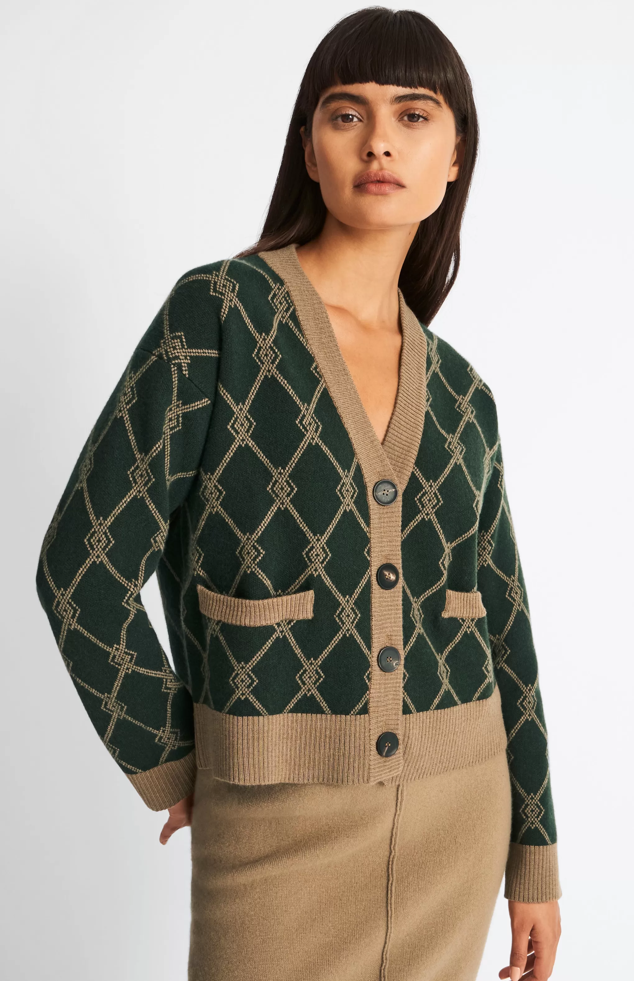 Shop Cashmere Blend Monogram Cardigan In Moss Green / Camel Men/Women V Neck Knits