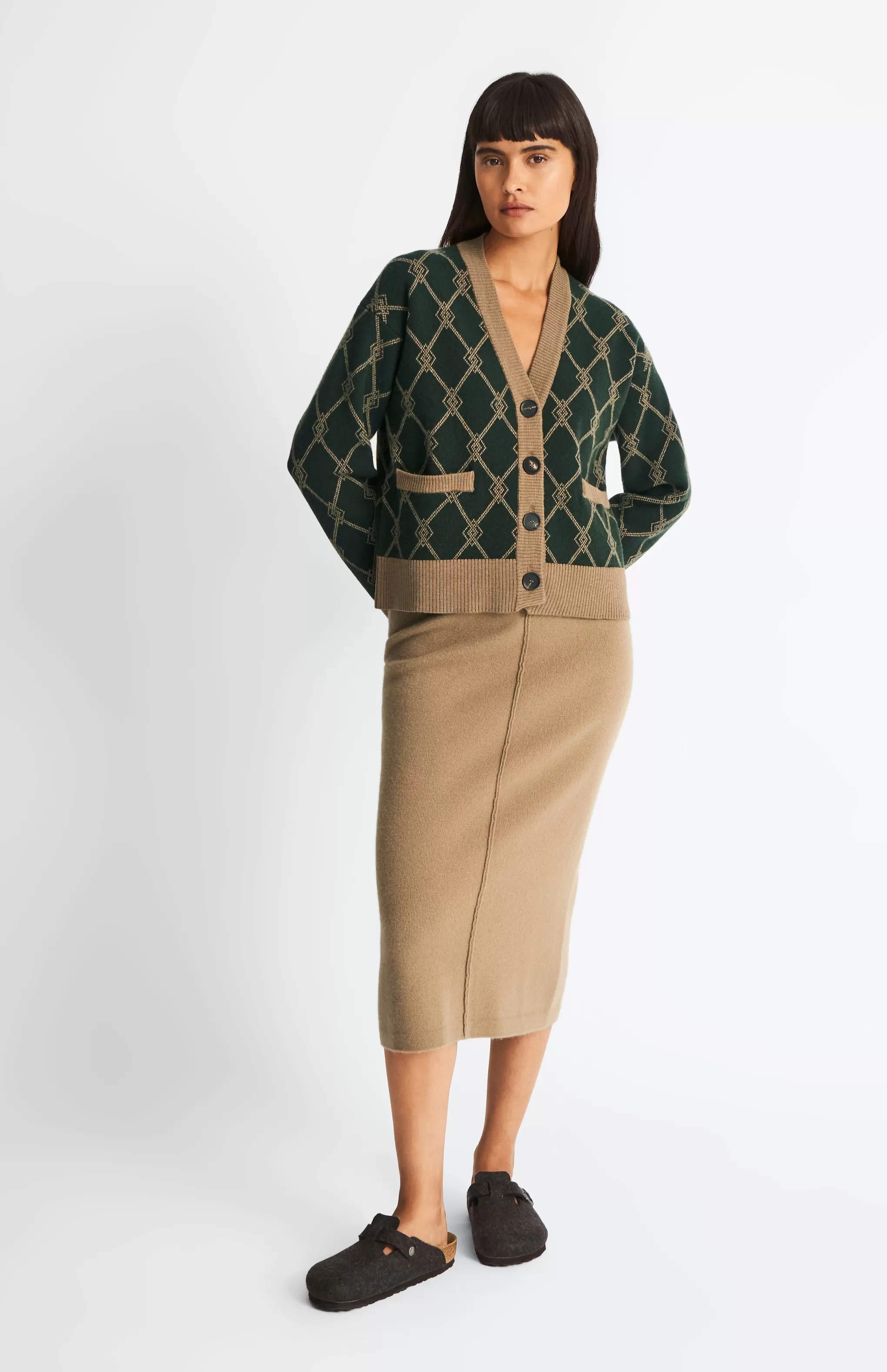 Shop Cashmere Blend Monogram Cardigan In Moss Green / Camel Men/Women V Neck Knits