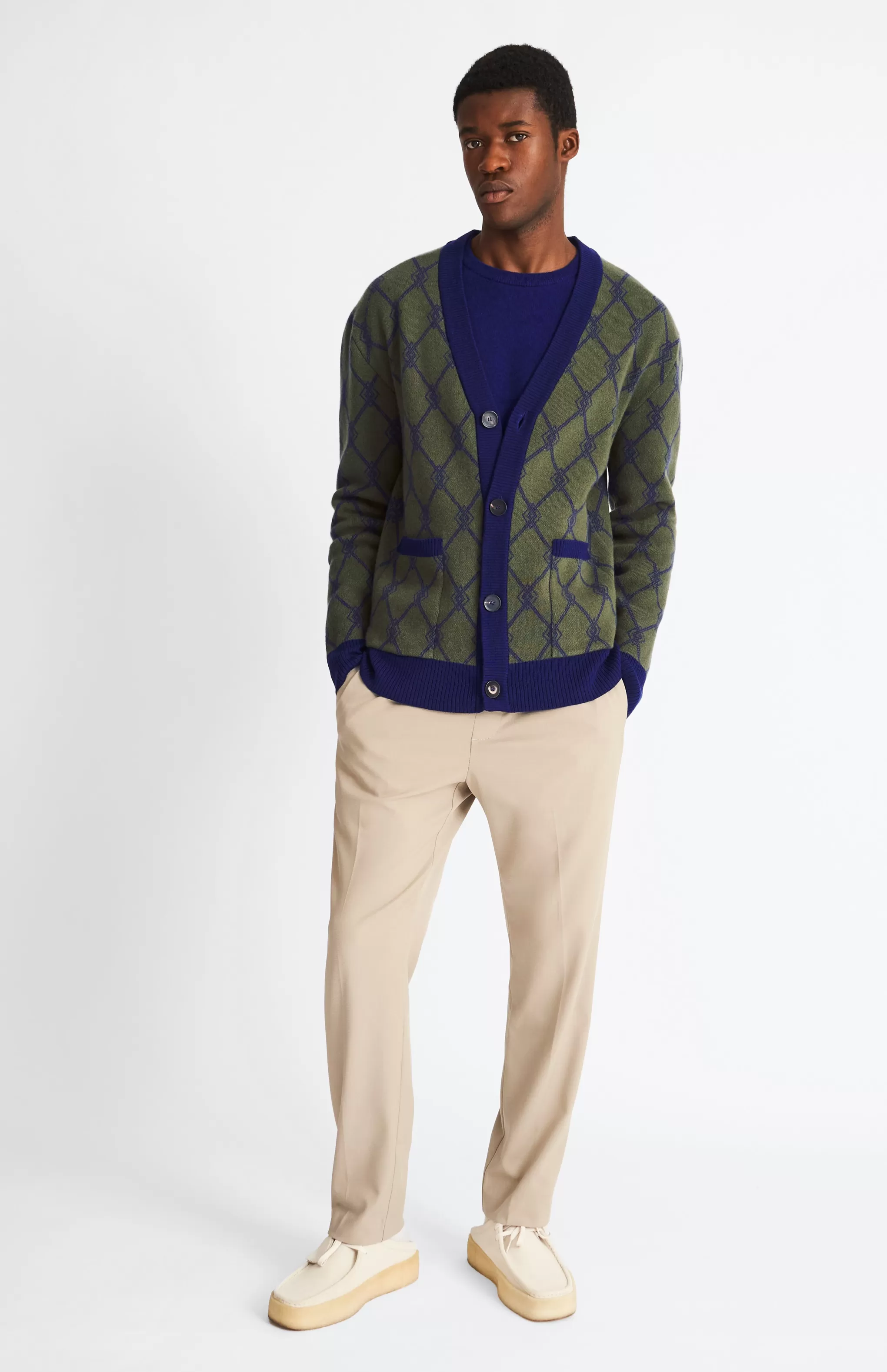 Sale Cashmere Blend Monogram Jacquard Cardigan Jumper In Mineral Green / Royal Blue Men Cardigans