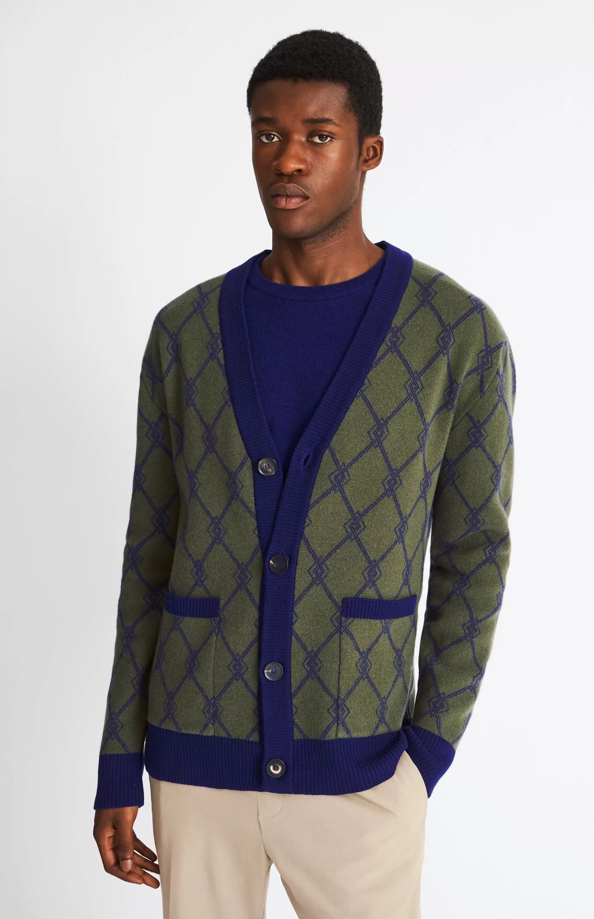 Sale Cashmere Blend Monogram Jacquard Cardigan Jumper In Mineral Green / Royal Blue Men Cardigans