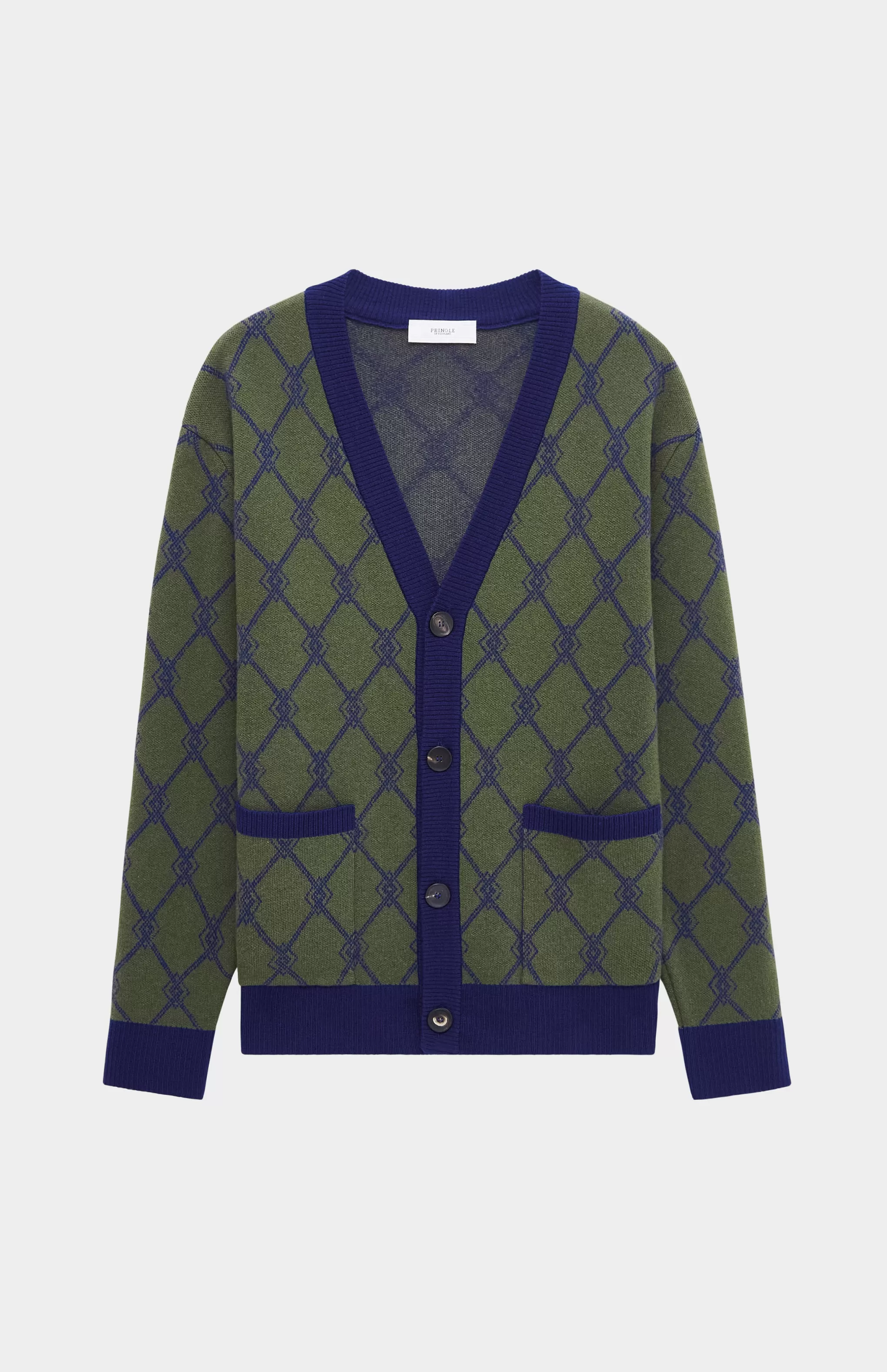 Best Sale Cashmere Blend Monogram Jacquard Cardigan Jumper In Mineral Green / Royal Blue Men Medium Weight Knits