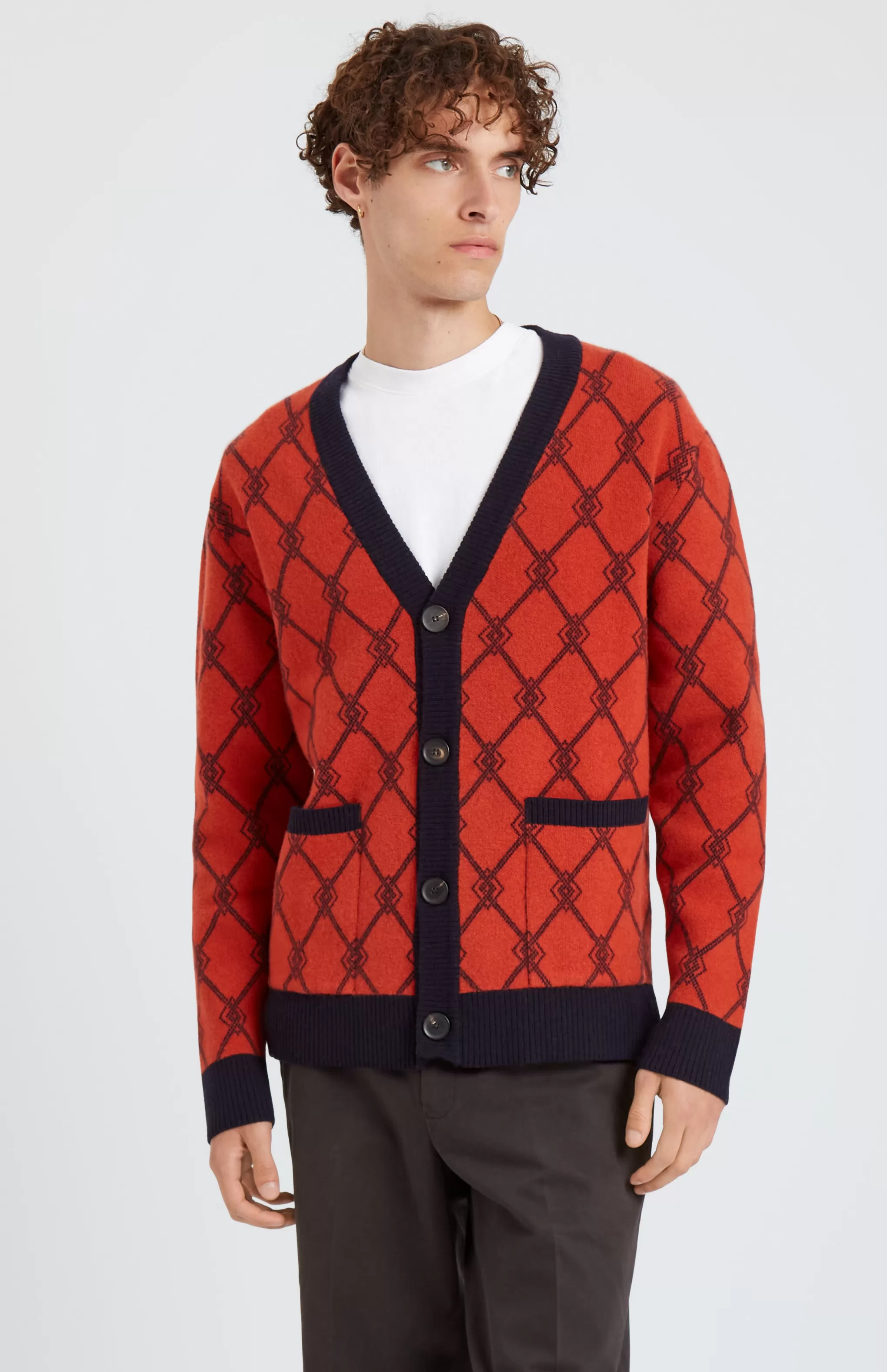 Hot Cashmere Blend Monogram Jacquard Cardigan Jumper In Rust Red / Ink Men Lambswool