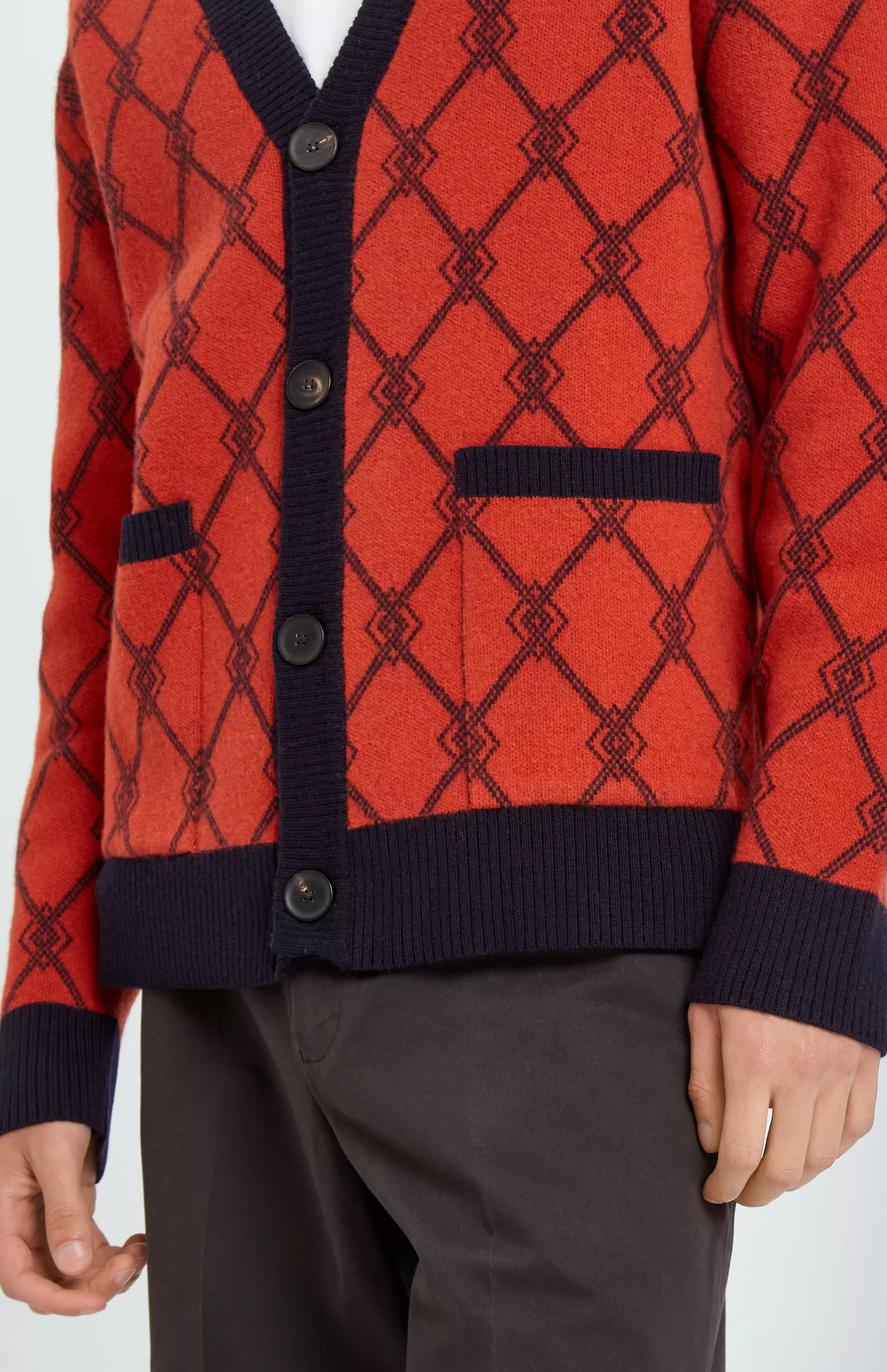 Hot Cashmere Blend Monogram Jacquard Cardigan Jumper In Rust Red / Ink Men Lambswool