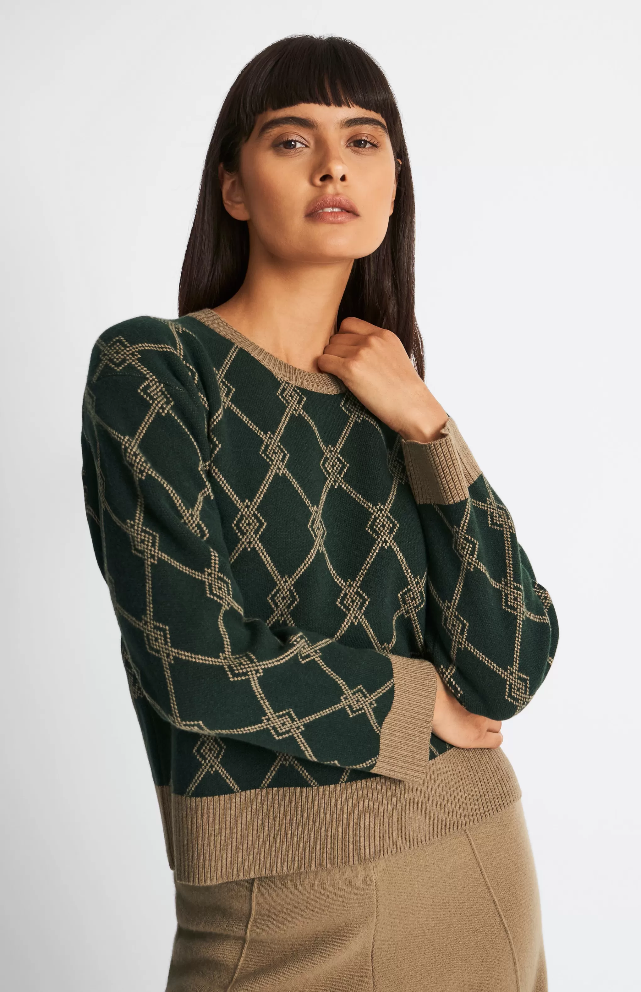 Clearance Cashmere Blend Monogram Jumper In Moss Green / Camel Men/Women Round Neck Knits