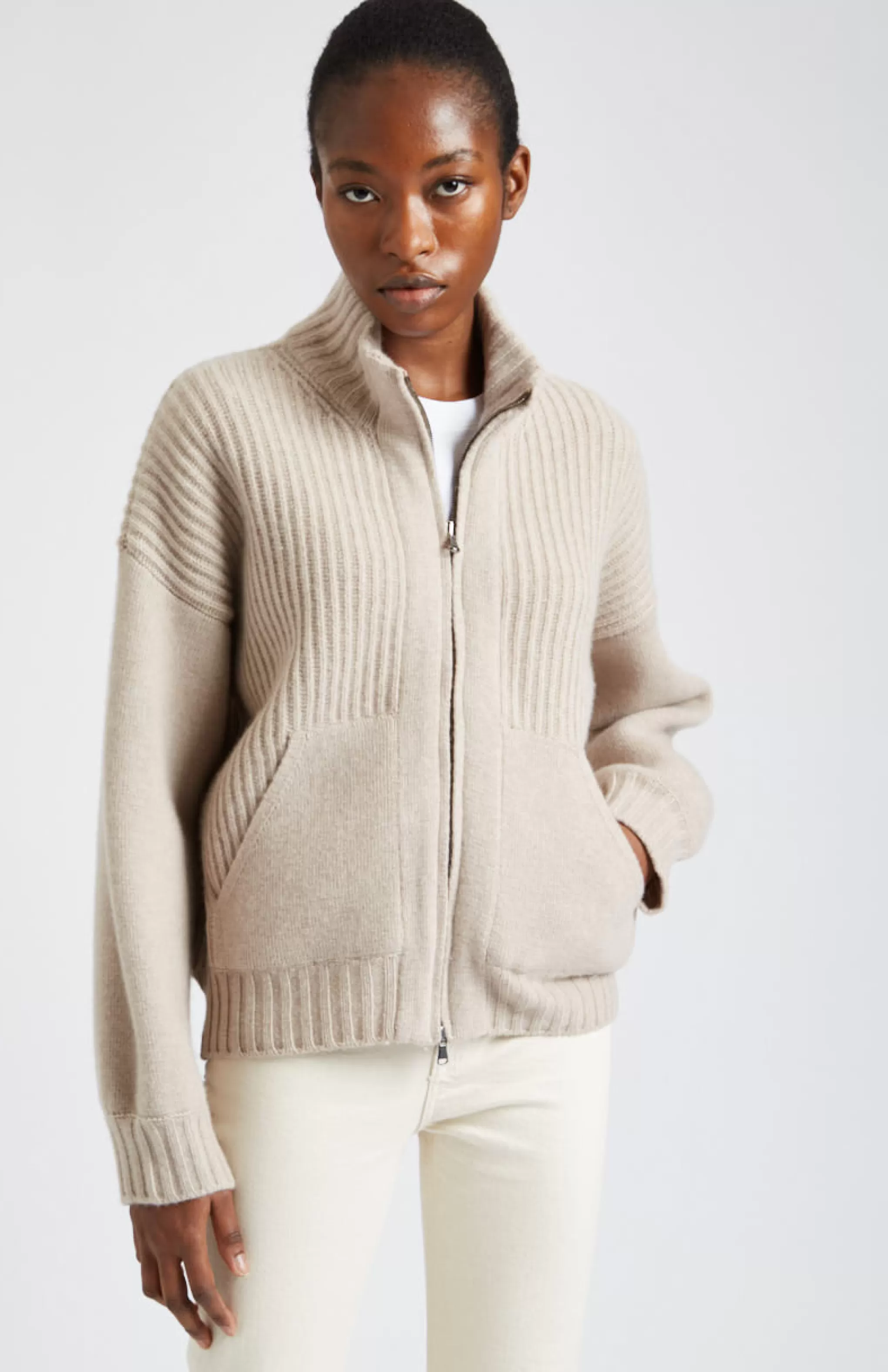 Best Cashmere Blend Zip Thru Jacket In Stone Melange Men/Women High Neck Knits