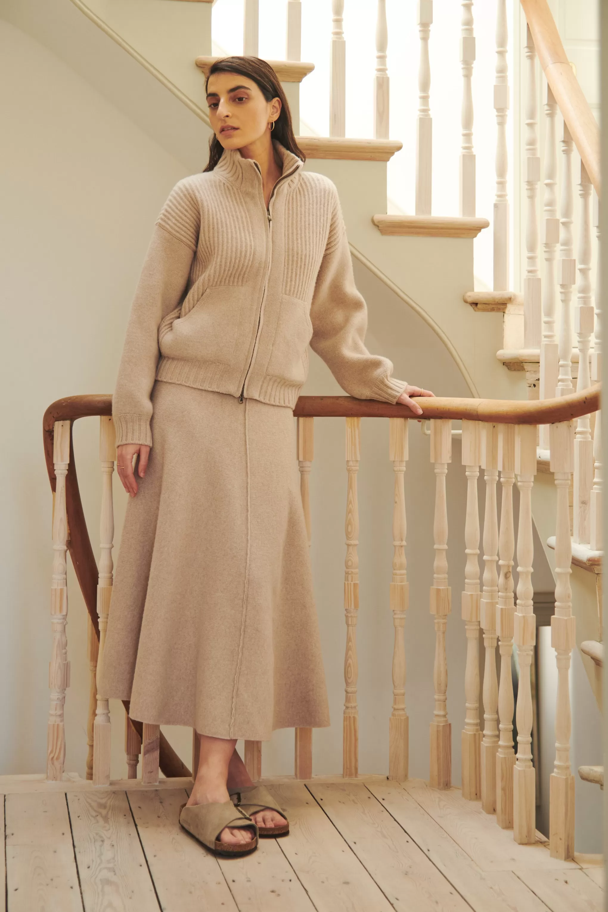 Online Cashmere Blend Zip Thru Jacket In Stone Melange Men/Women Loungewear
