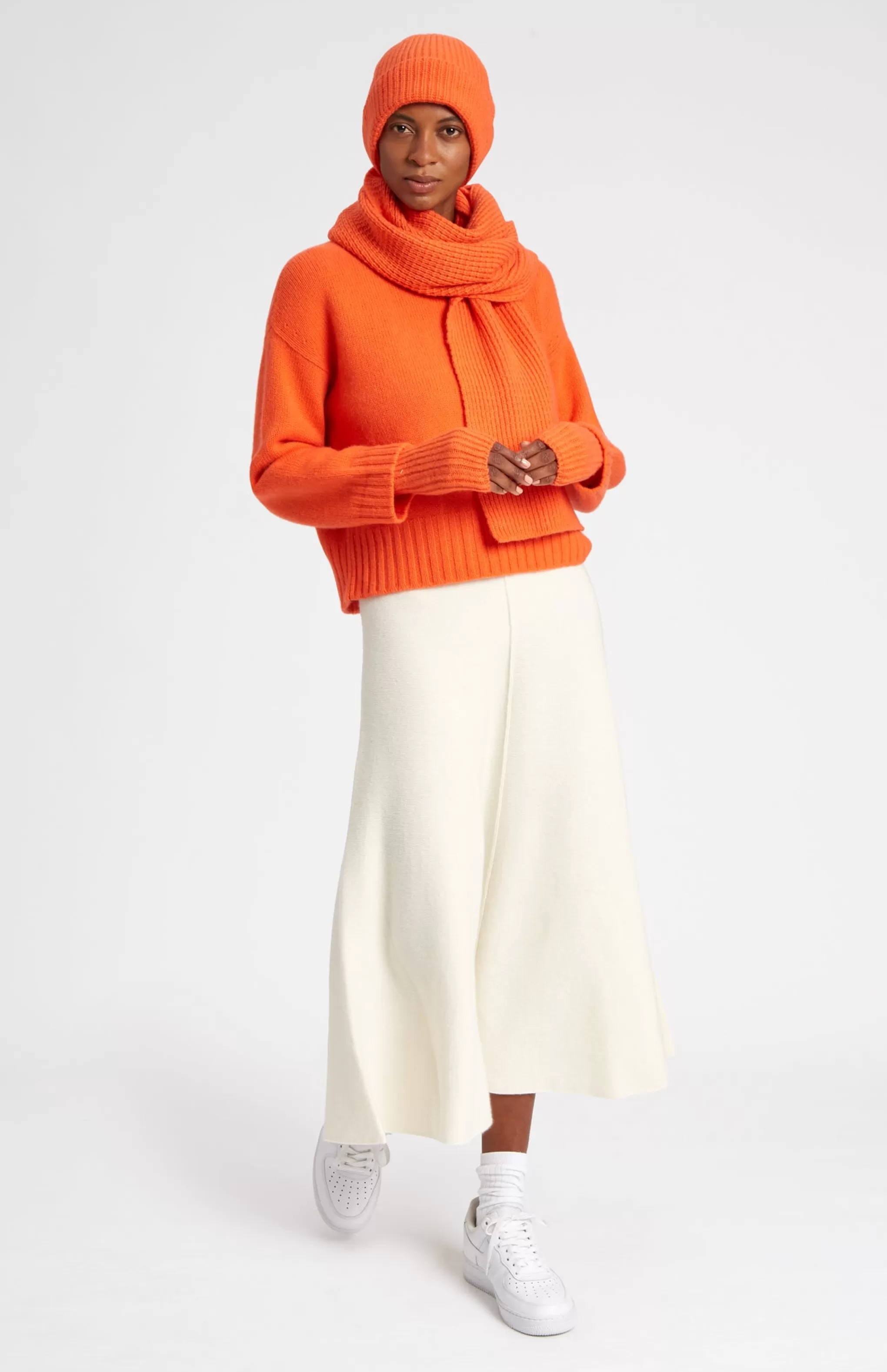 Discount Cosy Cashmere Scarf In A Waffle Stitch In Apricot Orange Men Made in Scotland