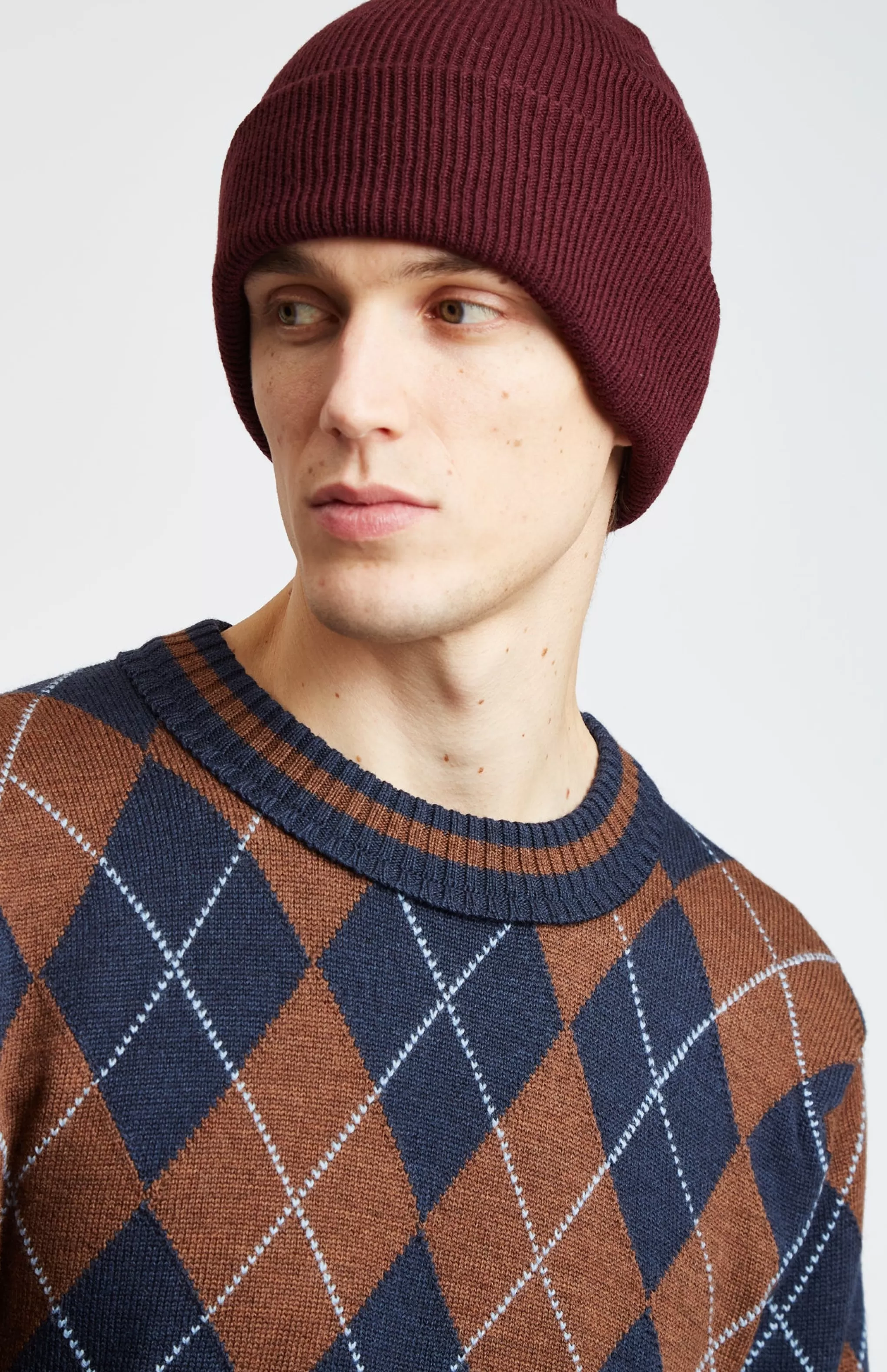 Fashion Double Layer Ribbed Merino Beanie In Burgundy Men Gifts for Men
