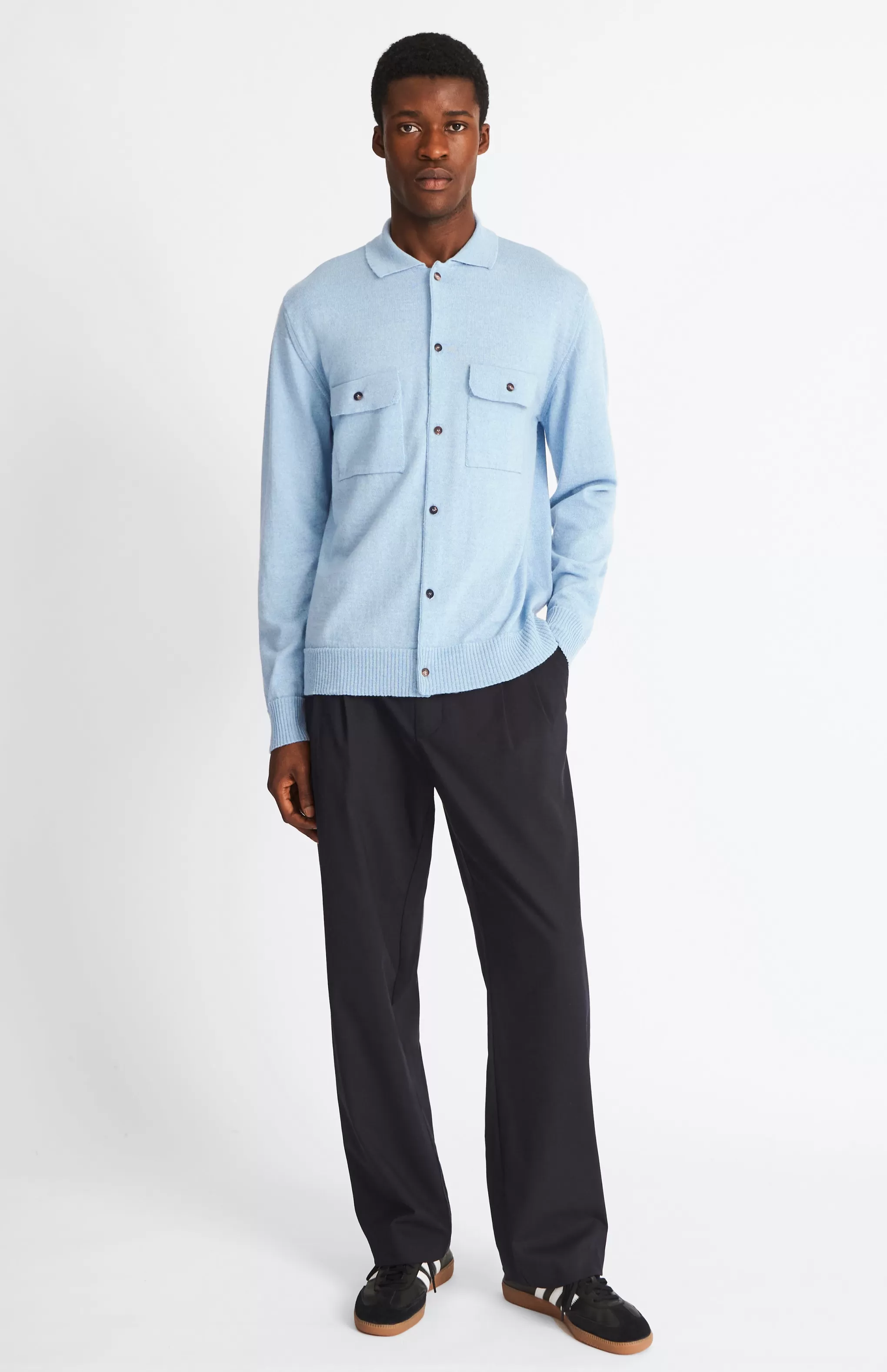 Hot Fine Merino Knitted Overshirt In Blue Smoke Men Gifts for Men