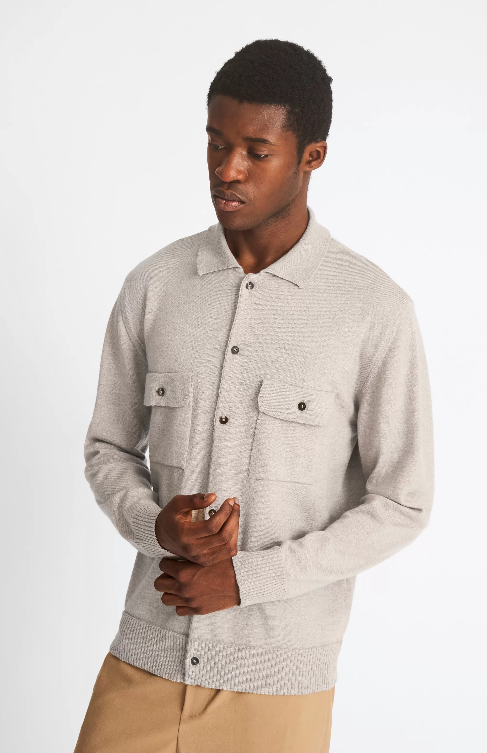 Shop Fine Merino Knitted Overshirt In Dark Natural Men Round Neck Knits