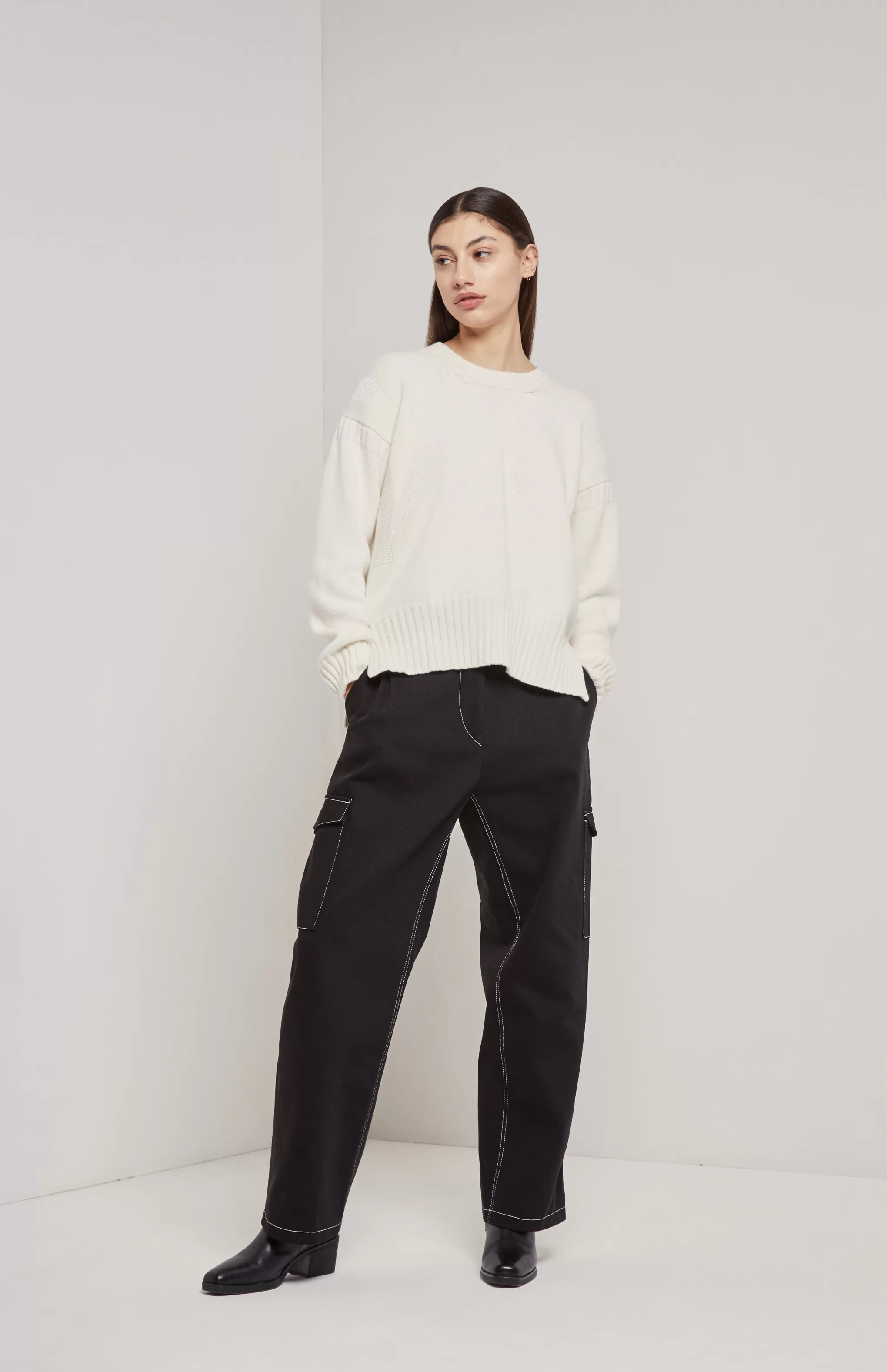 Sale Guernsey Stitch Cashmere Jumper In Cream Men/Women Round Neck Knits