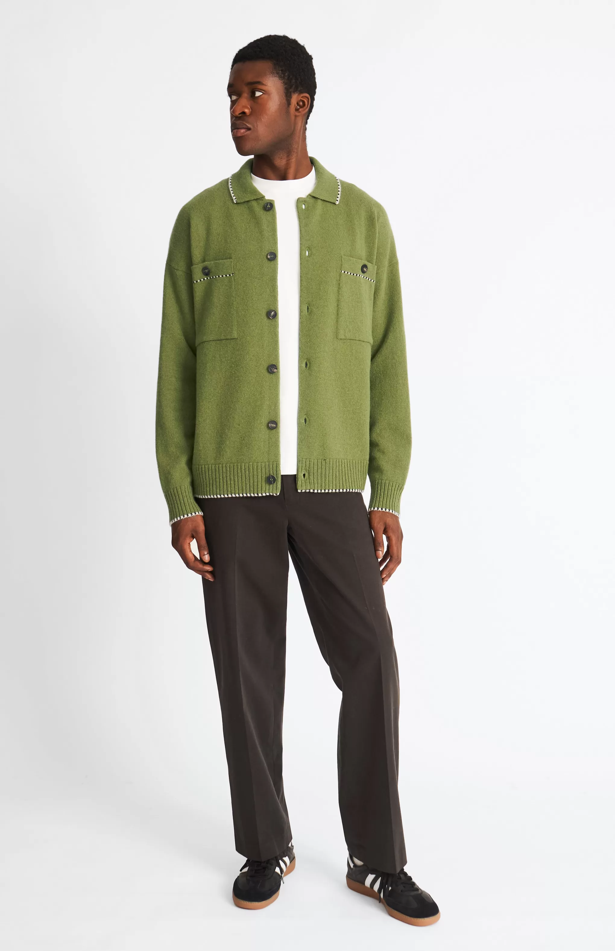 Cheap Knitted Lambswool Overshirt With Contrast Edging In Mineral Green / Navy Men Gifts for Men