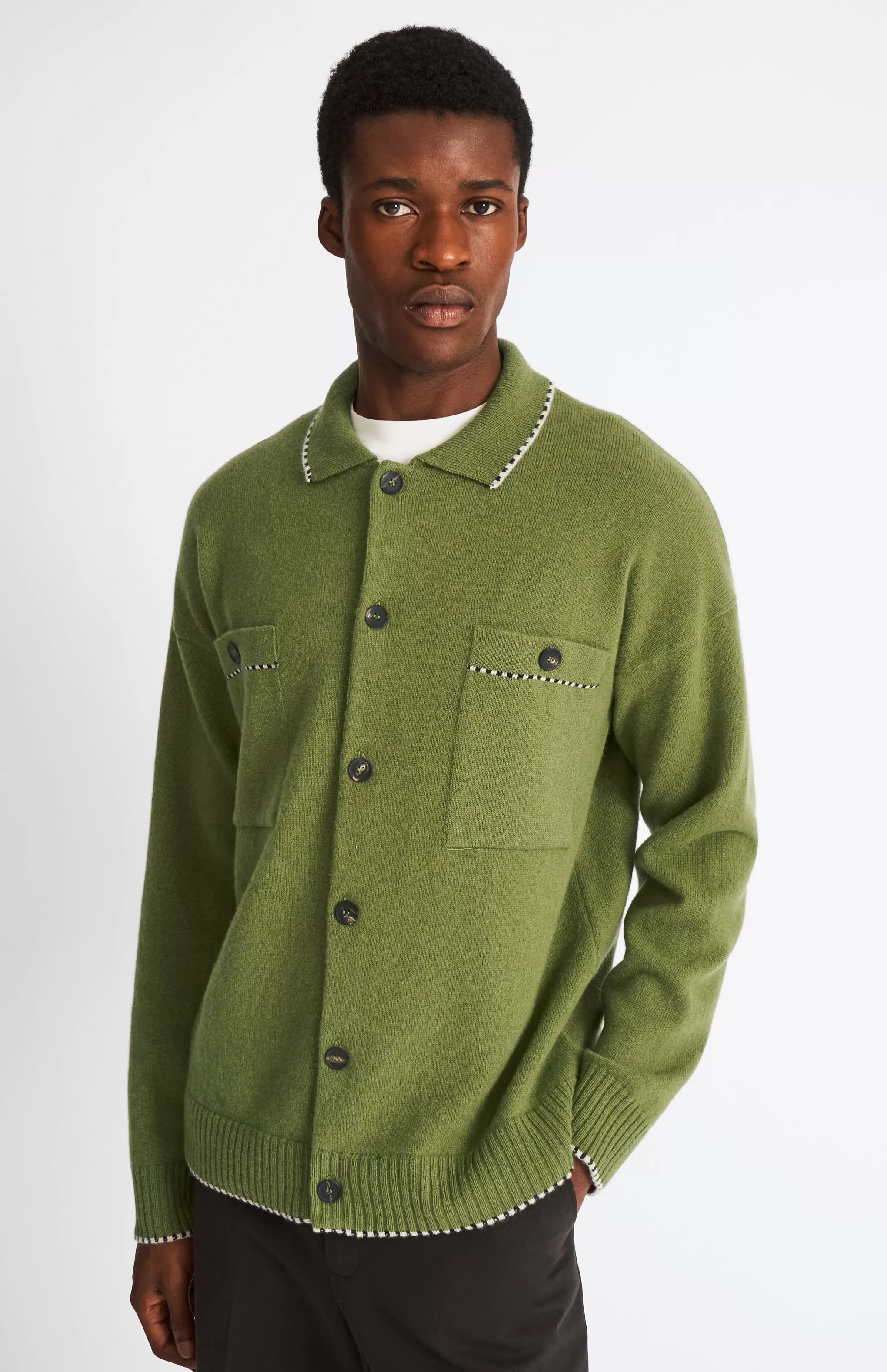 Cheap Knitted Lambswool Overshirt With Contrast Edging In Mineral Green / Navy Men Gifts for Men