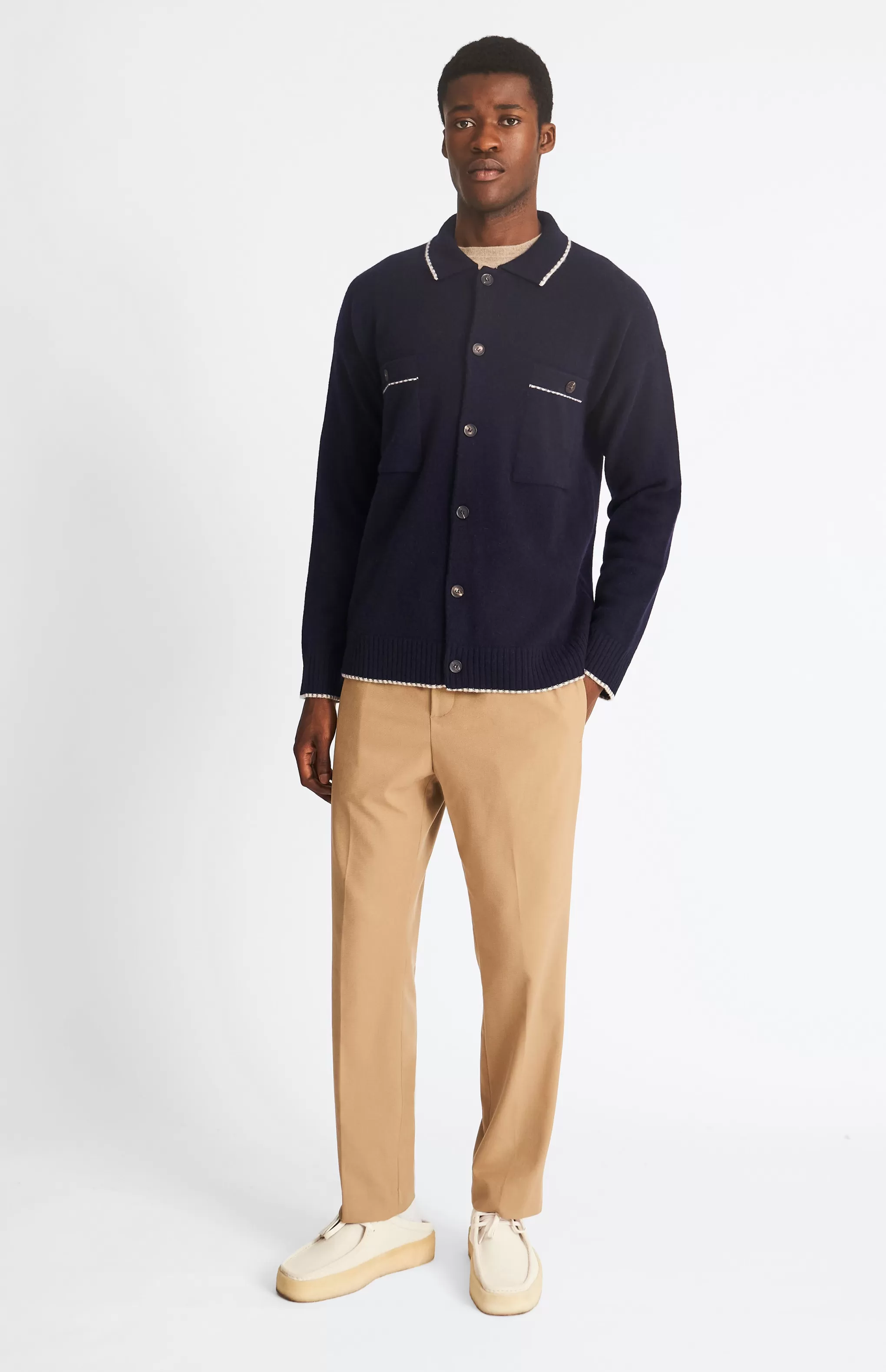 Hot Knitted Lambswool Overshirt With Contrast Edging In Navy / Grey Mix Men Round Neck Knits