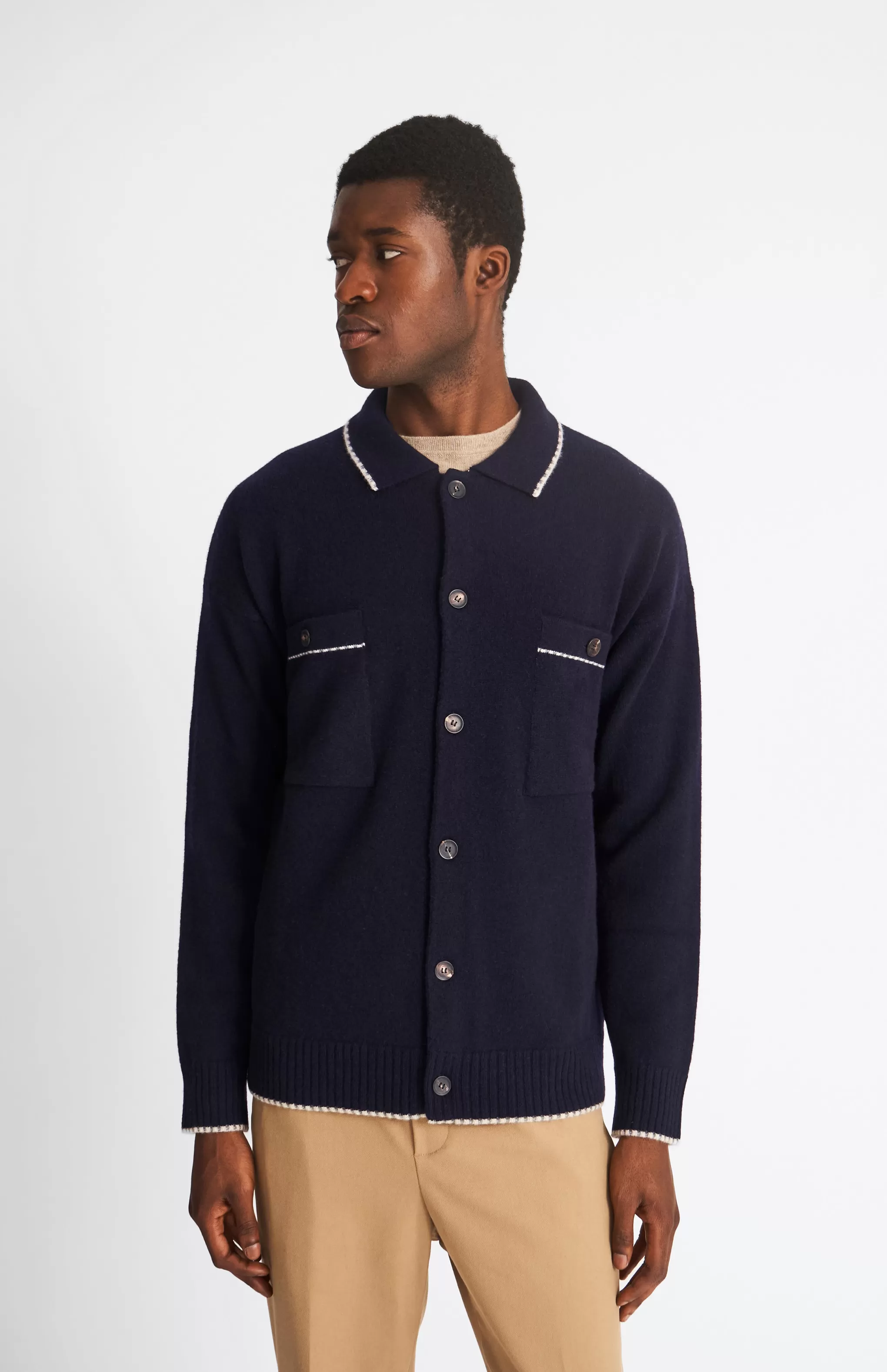 Hot Knitted Lambswool Overshirt With Contrast Edging In Navy / Grey Mix Men Round Neck Knits