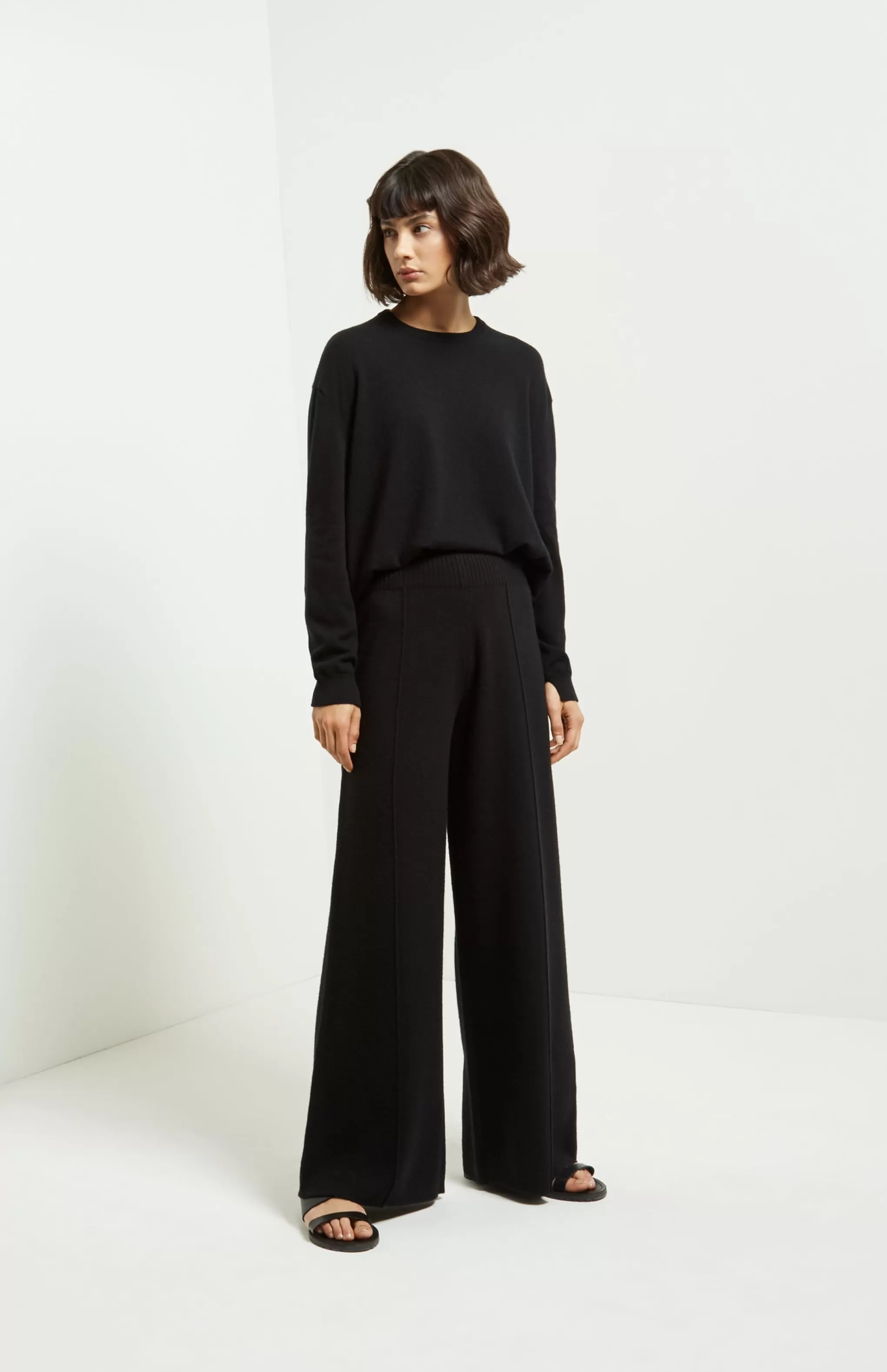 Fashion Knitted Wide Leg Cashmere Blend Trousers In Black Men/Women Loungewear