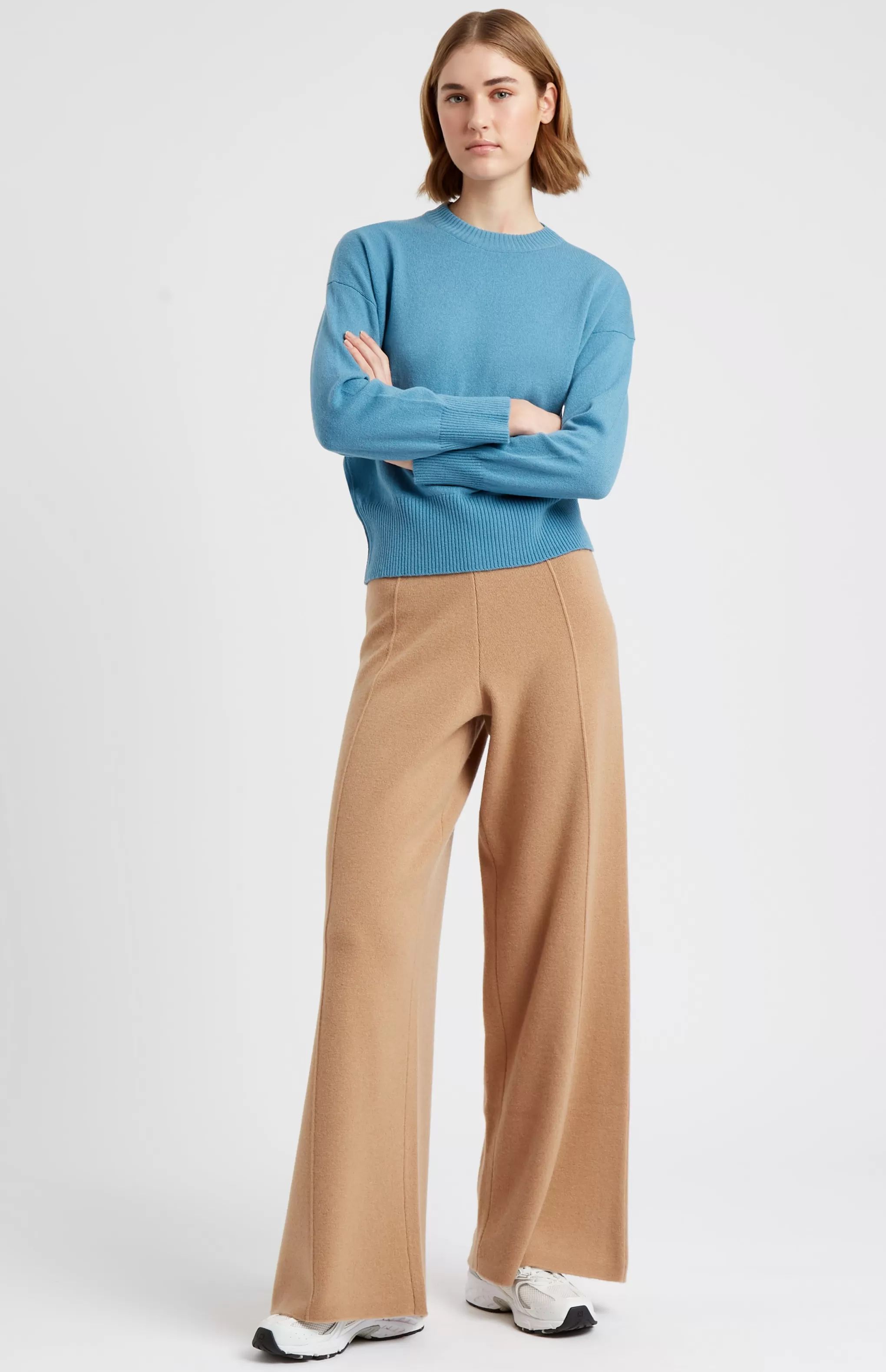 Shop Knitted Wide Leg Cashmere Blend Trousers In Sand Men/Women Medium Weight Knits