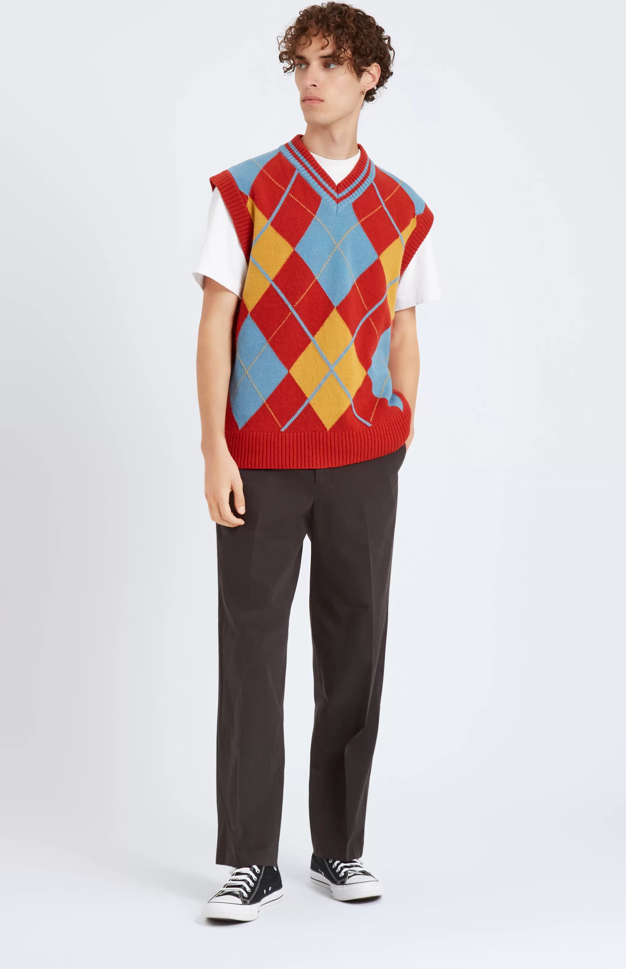 Cheap Lambswool Argyle V Neck Vest In Norse Blue / Rust Red Men Gifts for Men