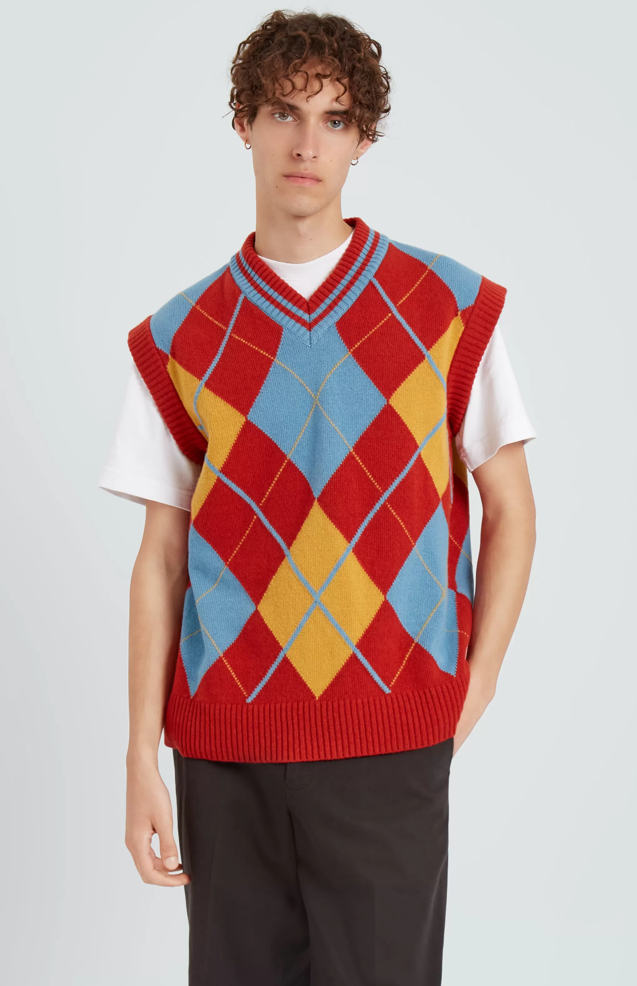 Cheap Lambswool Argyle V Neck Vest In Norse Blue / Rust Red Men Gifts for Men