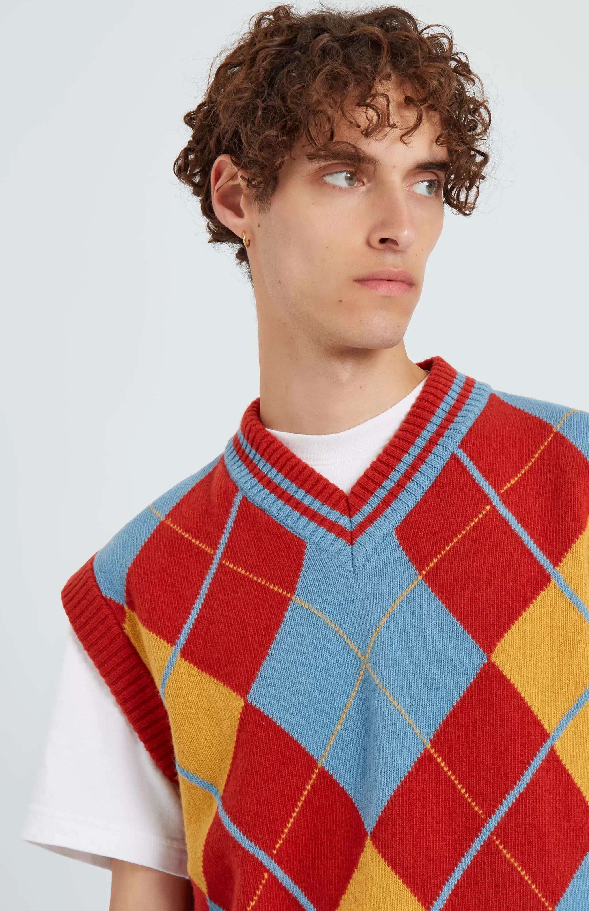 Cheap Lambswool Argyle V Neck Vest In Norse Blue / Rust Red Men Lambswool