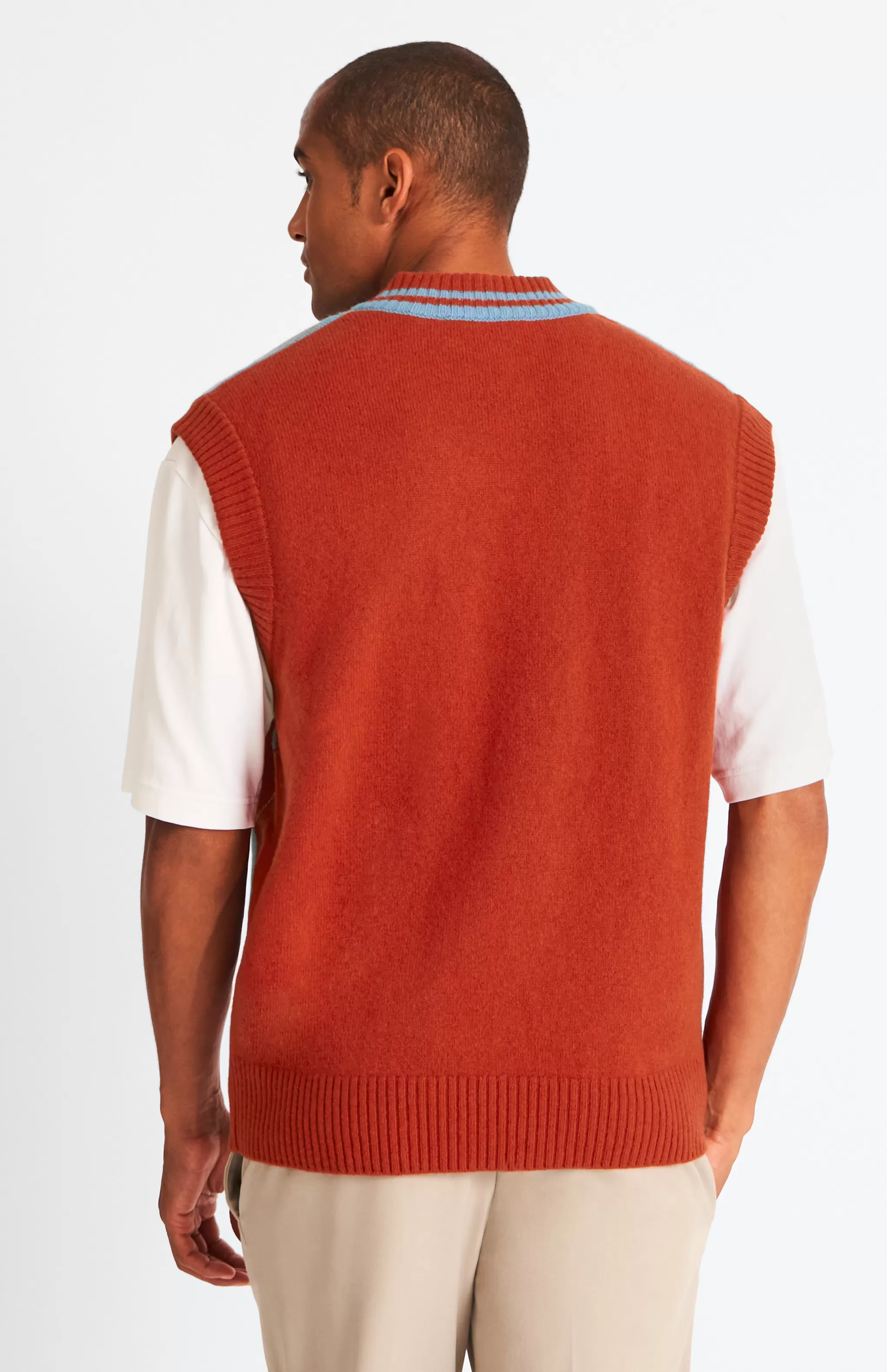 Cheap Lambswool Argyle V Neck Vest In Norse Blue / Rust Red Men Lambswool