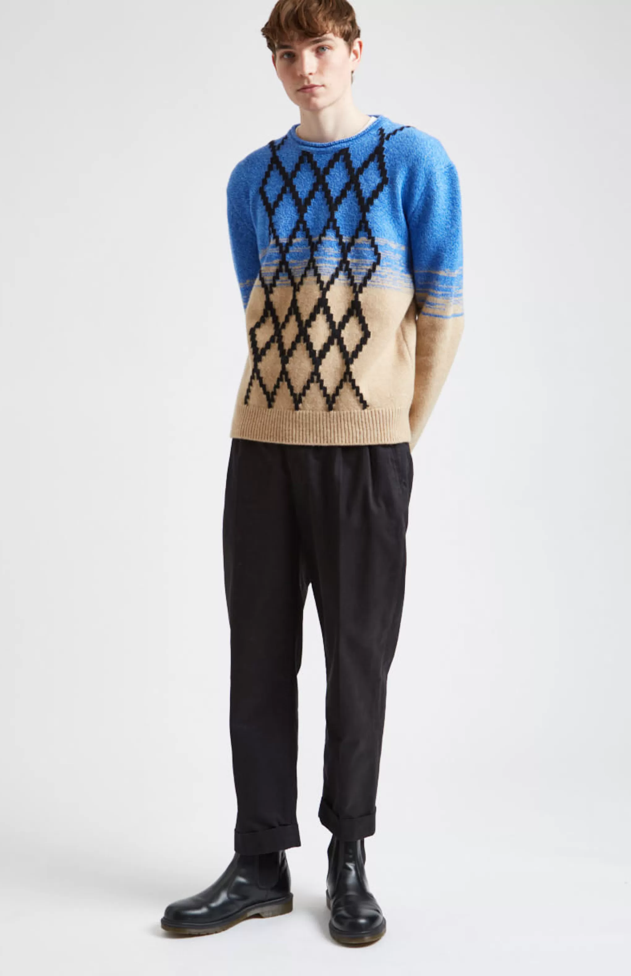 Clearance Lambswool Round Neck Jumper With Argyle Pattern And Degrade Effect In Cobalt And Camel Men Jumpers