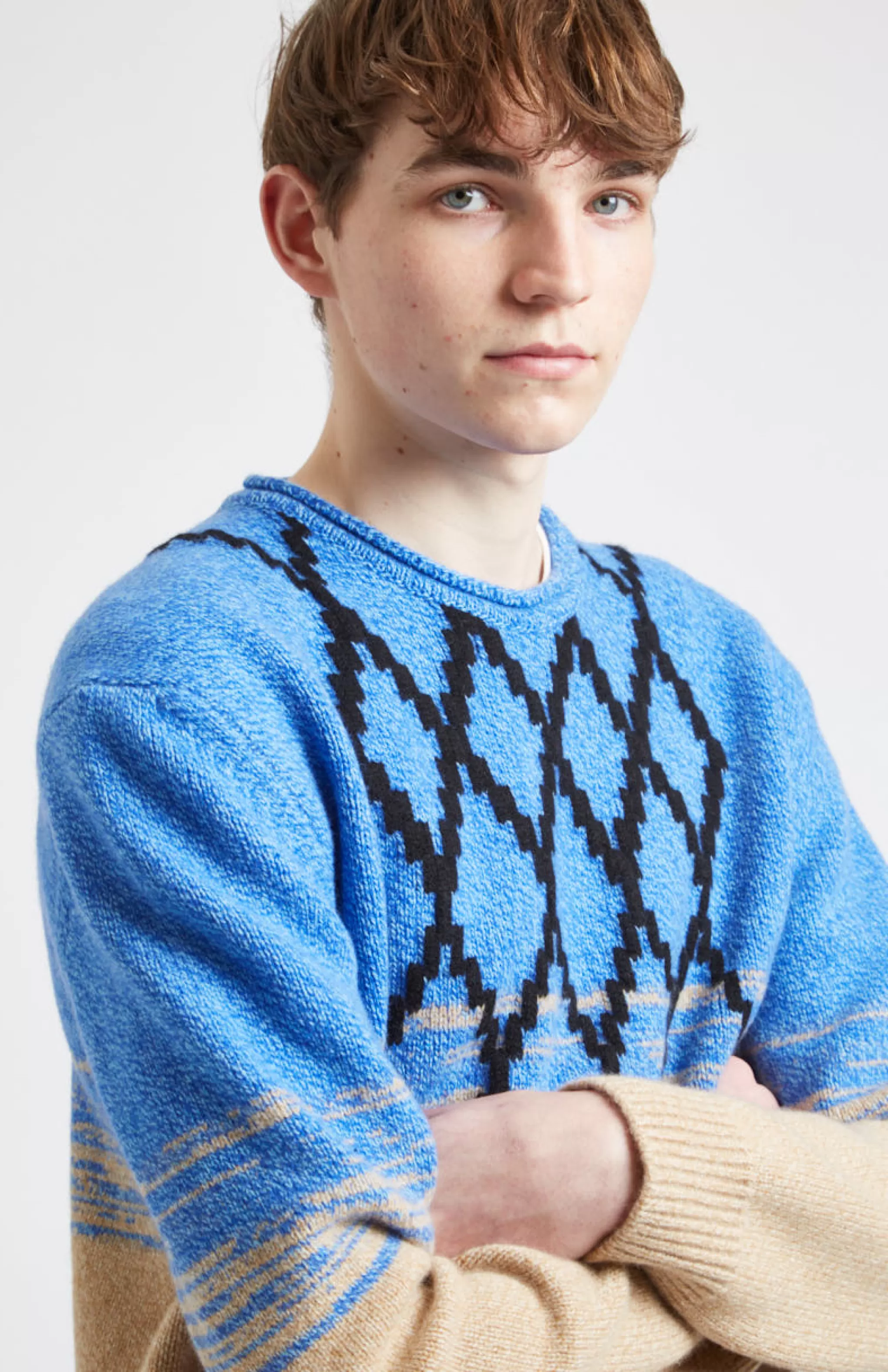 Clearance Lambswool Round Neck Jumper With Argyle Pattern And Degrade Effect In Cobalt And Camel Men Jumpers