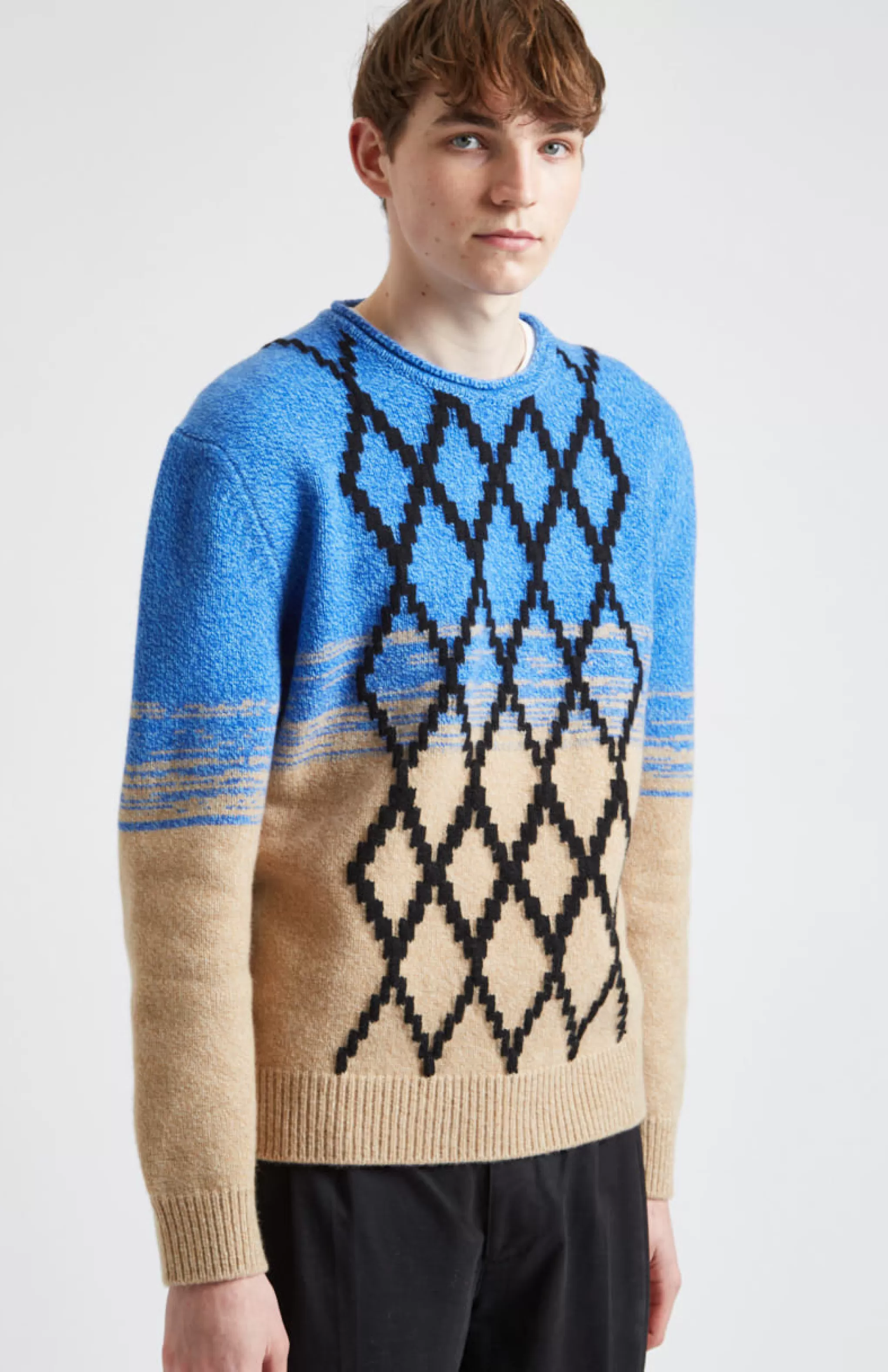 Flash Sale Lambswool Round Neck Jumper With Argyle Pattern And Degrade Effect In Cobalt And Camel Men Round Neck Knits