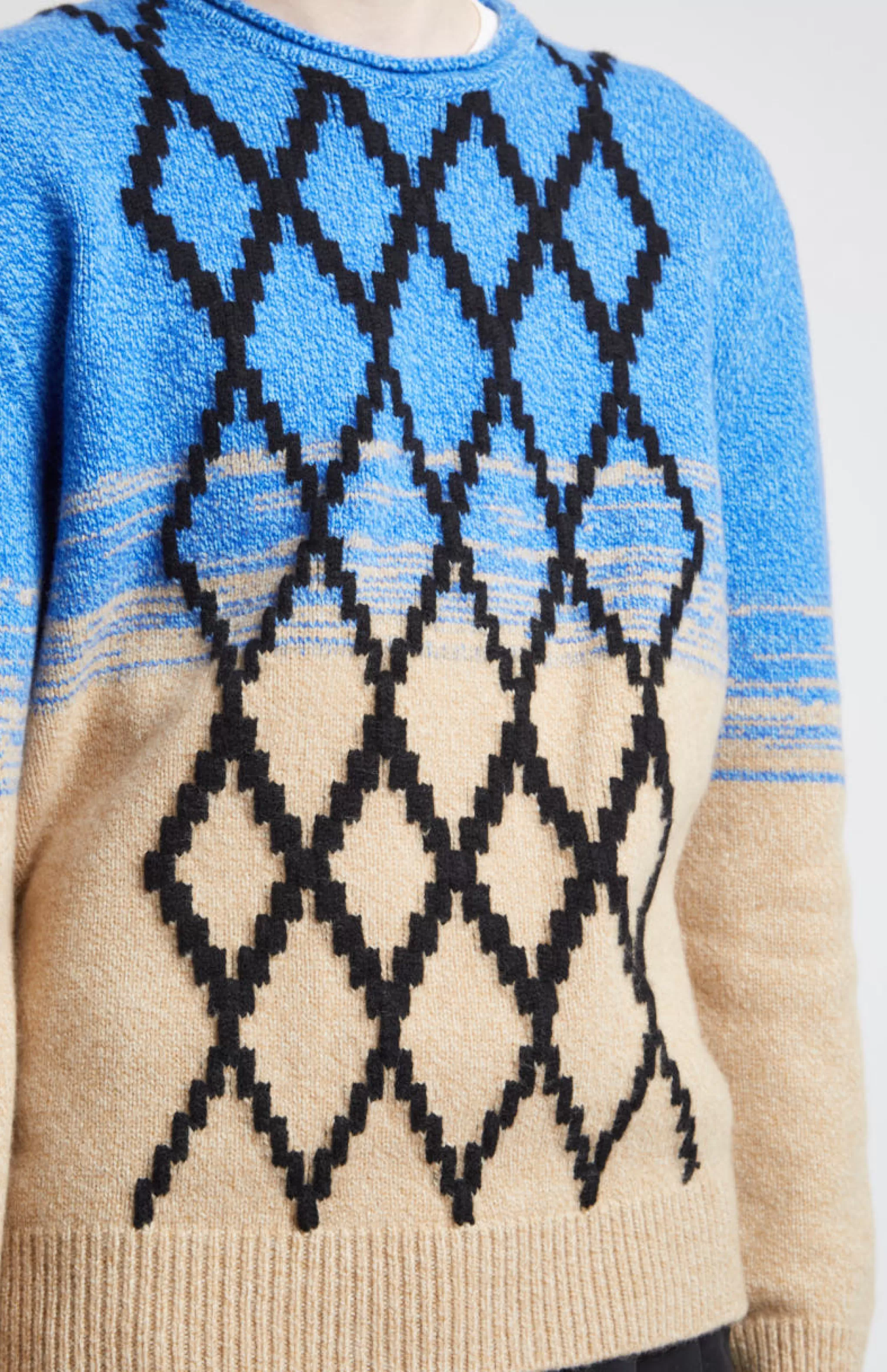 Flash Sale Lambswool Round Neck Jumper With Argyle Pattern And Degrade Effect In Cobalt And Camel Men Round Neck Knits