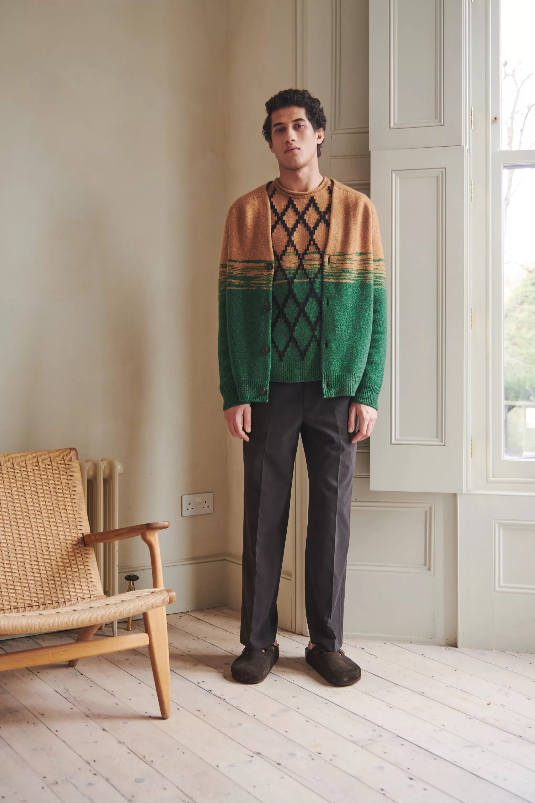 Cheap Lambswool Round Neck Jumper With Argyle Pattern And Degrade Effect In Vicuna And Evergreen Men Jumpers