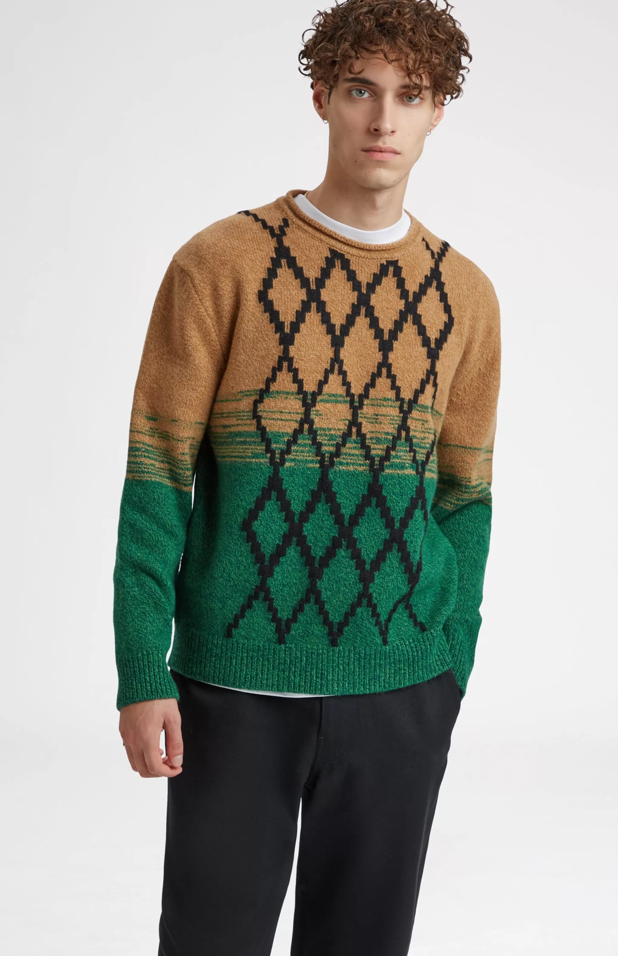 Flash Sale Lambswool Round Neck Jumper With Argyle Pattern And Degrade Effect In Vicuna And Evergreen Men Round Neck Knits