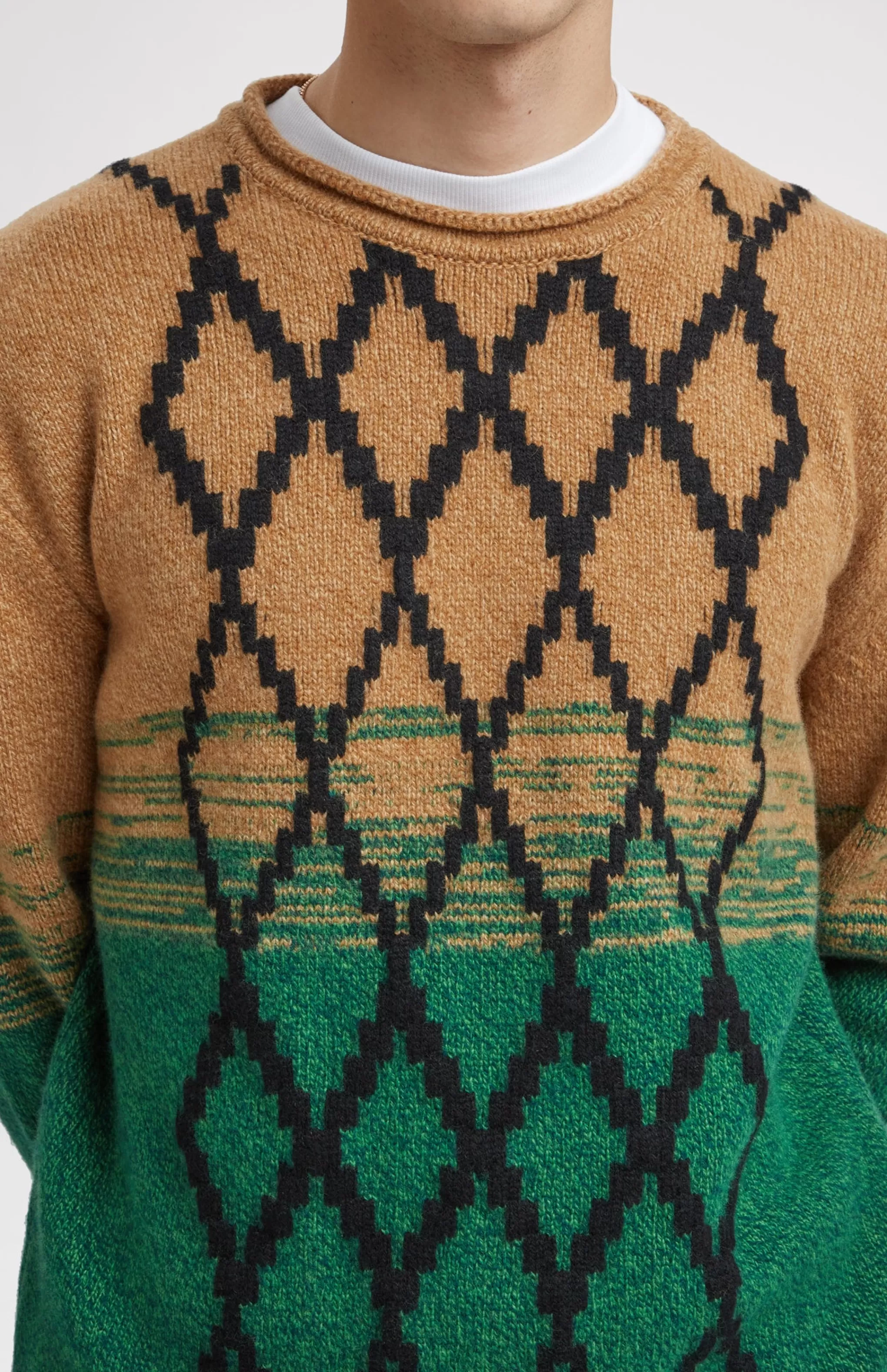 Flash Sale Lambswool Round Neck Jumper With Argyle Pattern And Degrade Effect In Vicuna And Evergreen Men Round Neck Knits