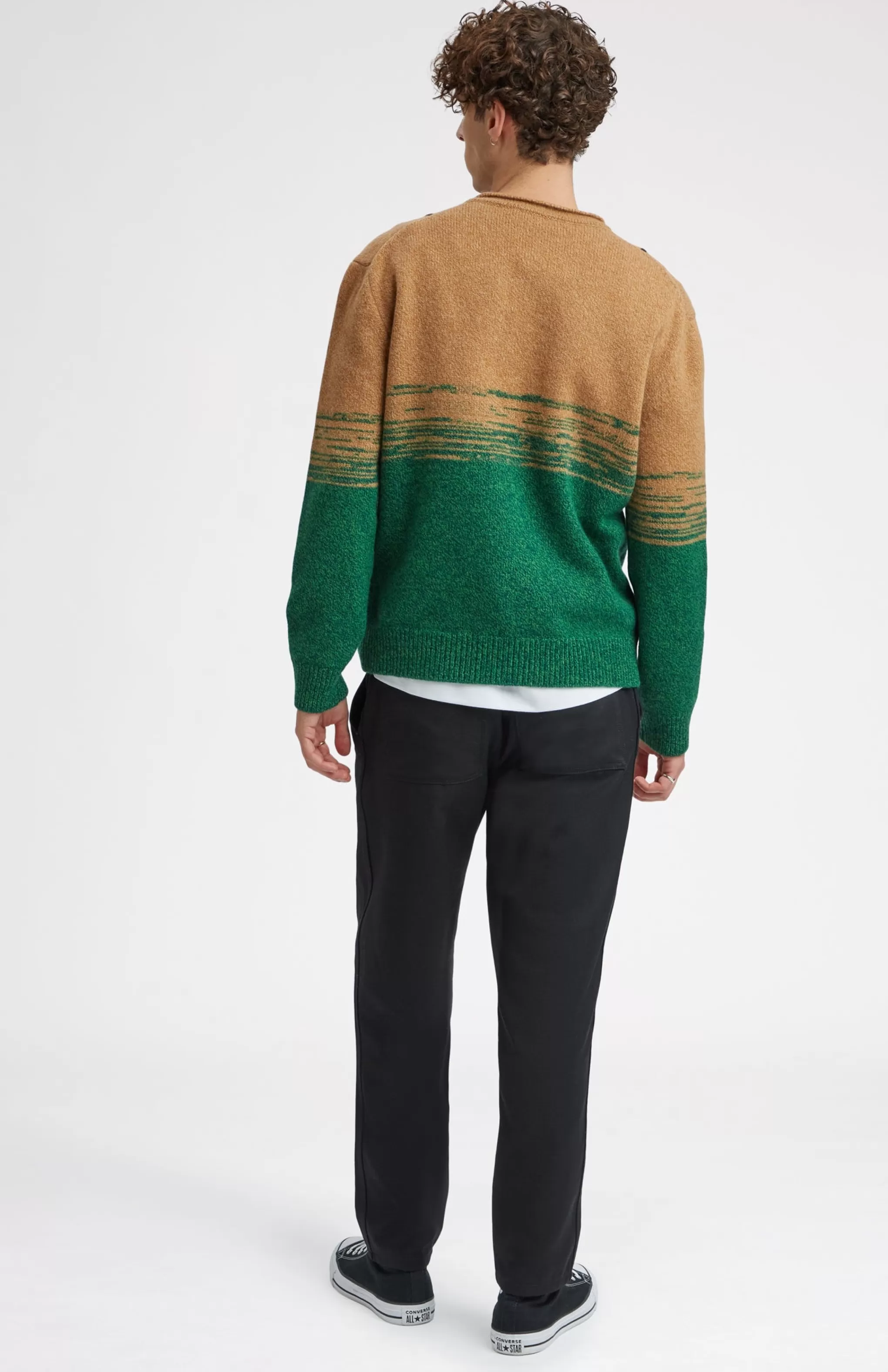 Flash Sale Lambswool Round Neck Jumper With Argyle Pattern And Degrade Effect In Vicuna And Evergreen Men Round Neck Knits