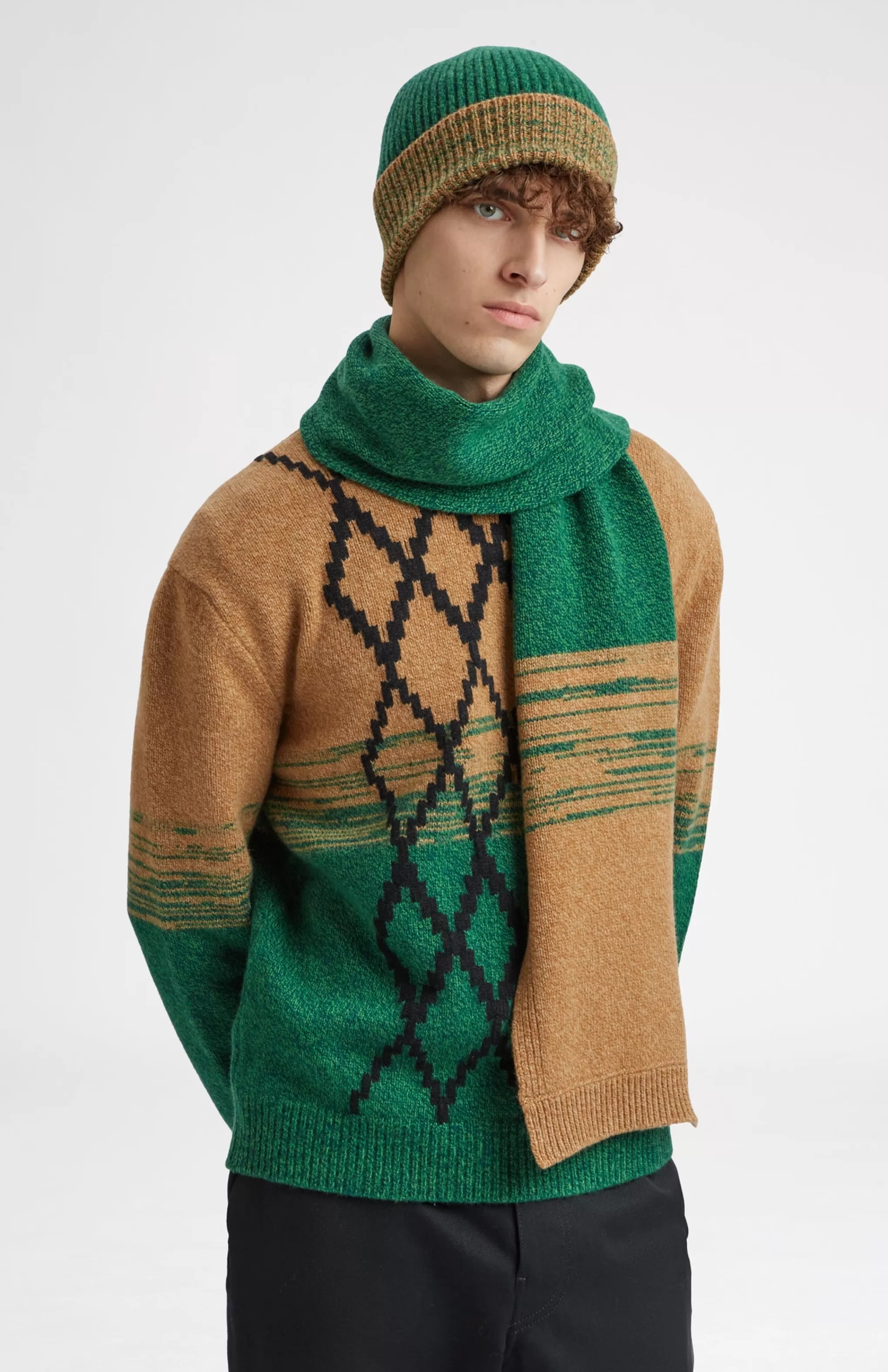 Flash Sale Lambswool Round Neck Jumper With Argyle Pattern And Degrade Effect In Vicuna And Evergreen Men Round Neck Knits