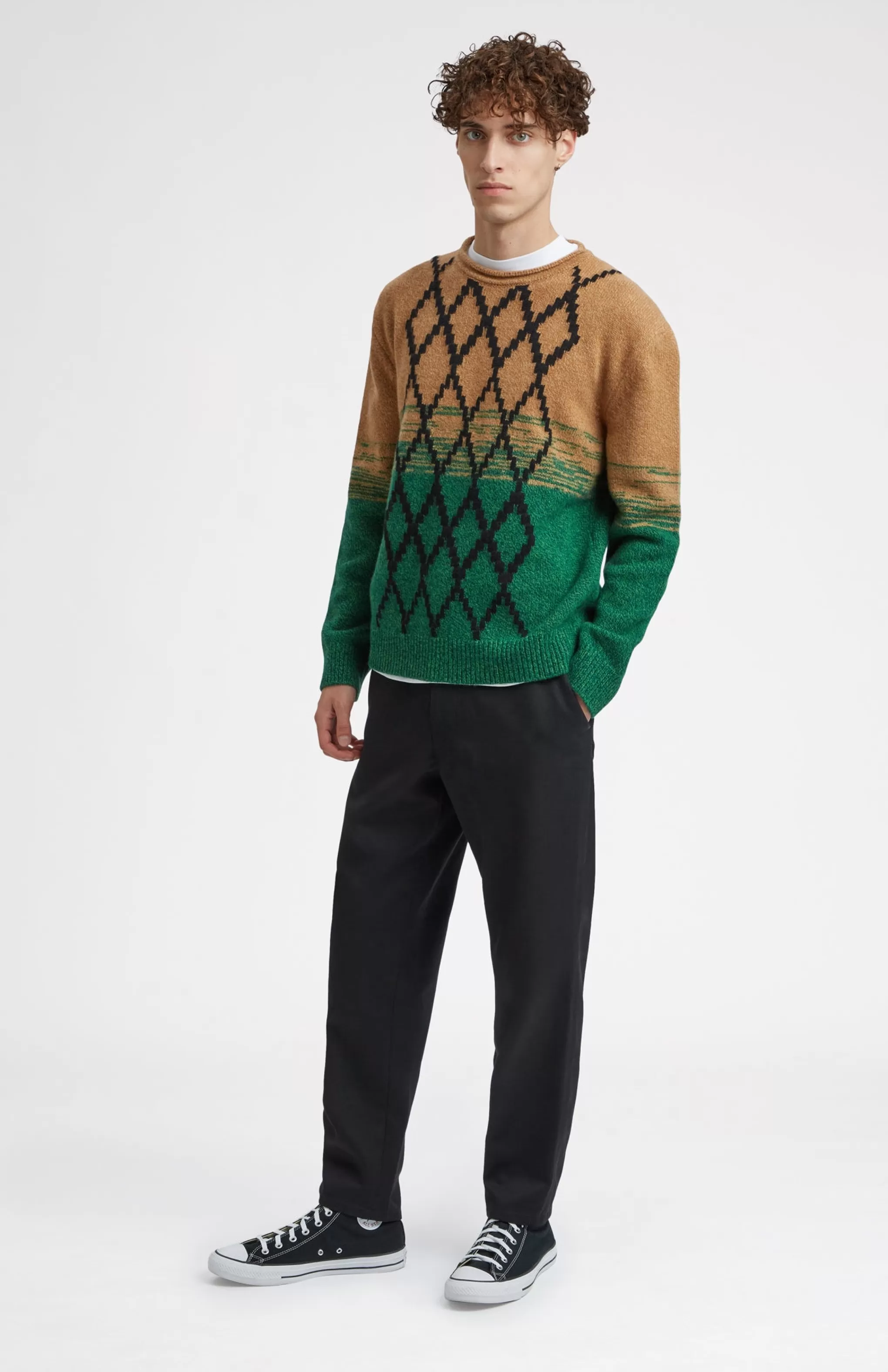 Outlet Lambswool Round Neck Jumper With Argyle Pattern And Degrade Effect In Vicuna And Evergreen Men Heavy Weight Knits