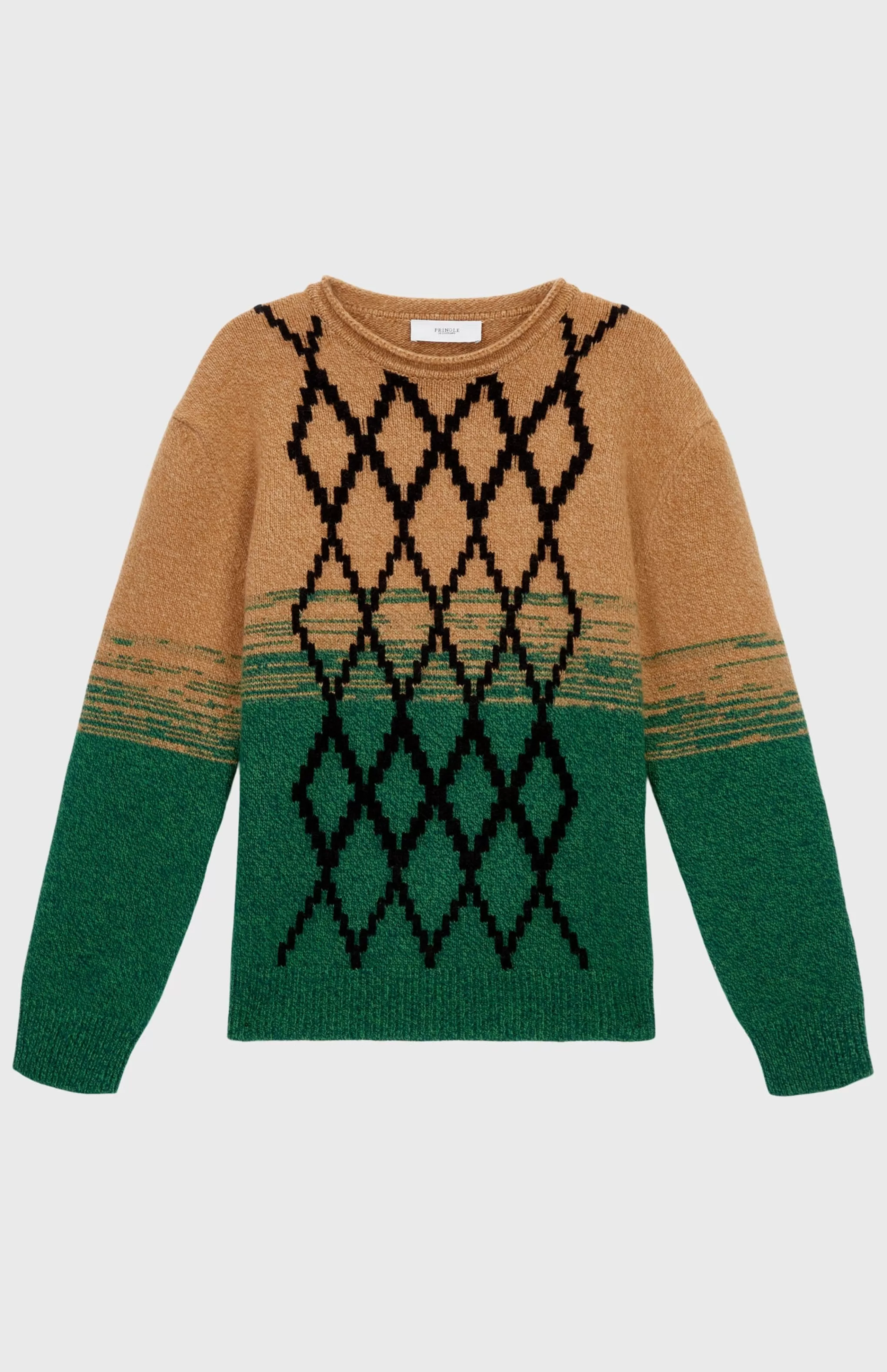 Outlet Lambswool Round Neck Jumper With Argyle Pattern And Degrade Effect In Vicuna And Evergreen Men Lambswool